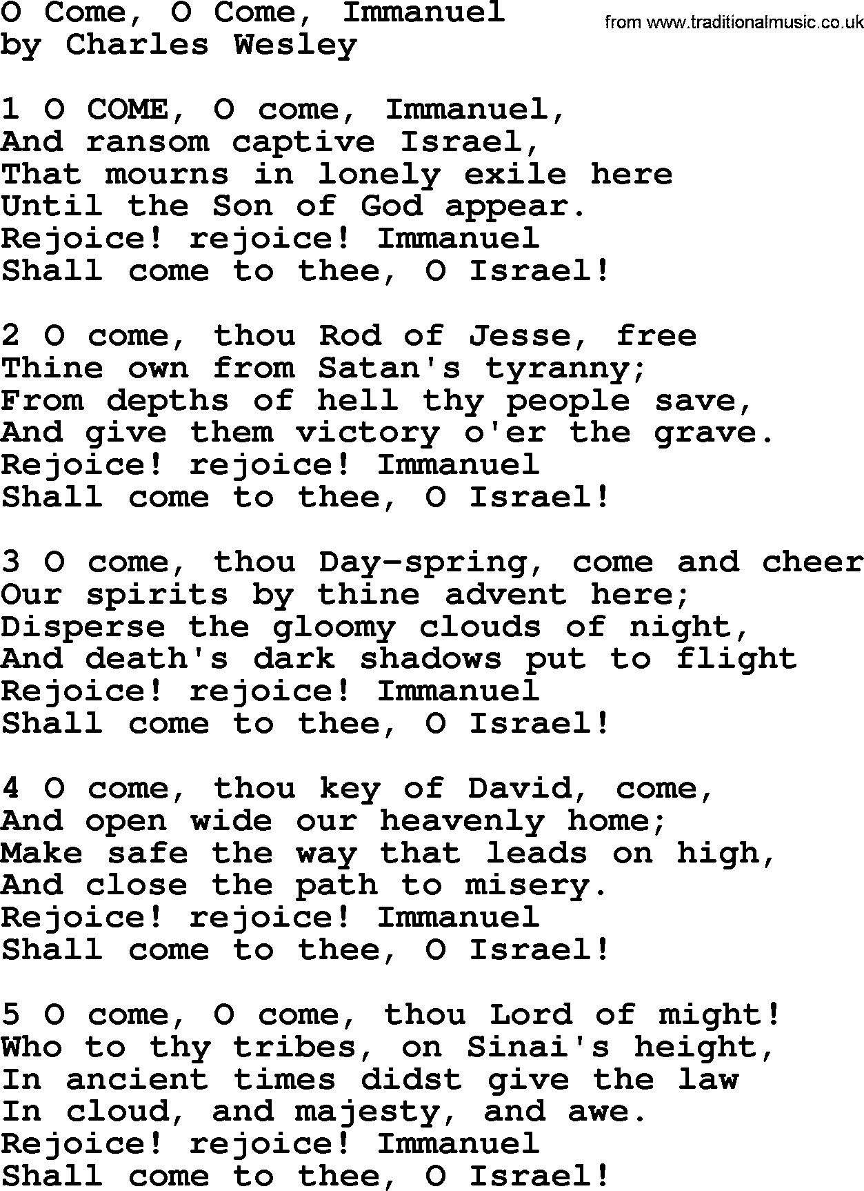 Charles Wesley hymn: O Come, O Come, Immanuel, lyrics