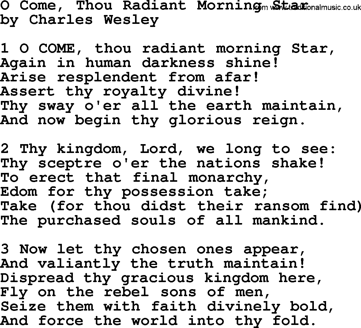 Charles Wesley hymn: O Come, Thou Radiant Morning Star, lyrics