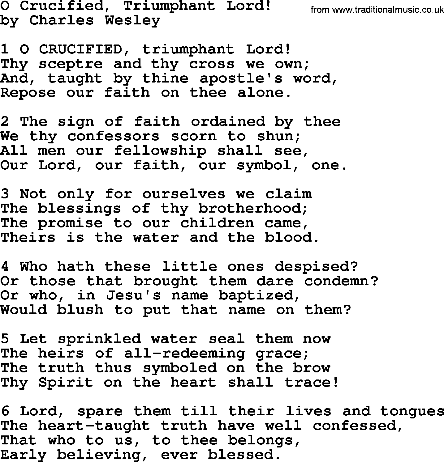 Charles Wesley hymn: O Crucified, Triumphant Lord!, lyrics