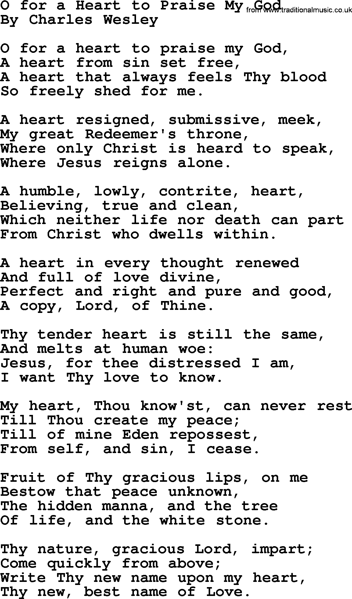 Charles Wesley hymn: O For A Heart To Praise My God, lyrics