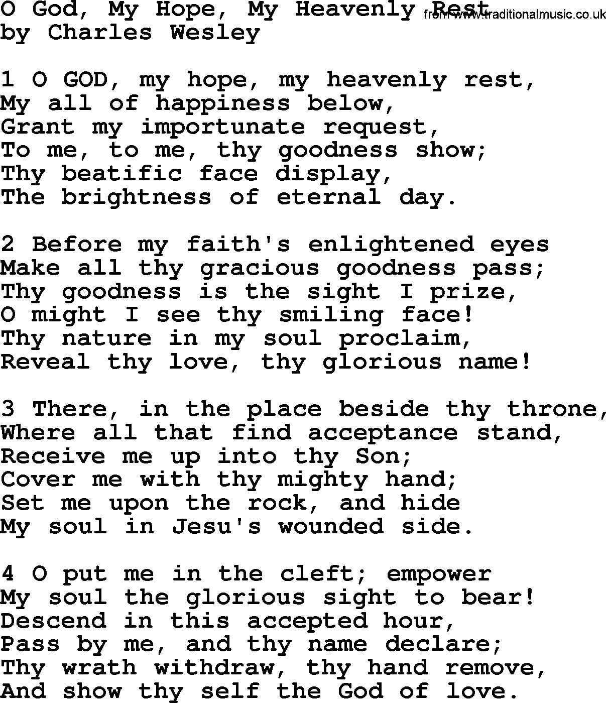 Charles Wesley hymn: O God, My Hope, My Heavenly Rest, lyrics