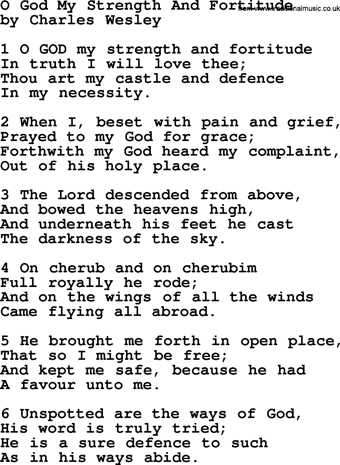 Charles Wesley hymn: O God My Strength And Fortitude, lyrics