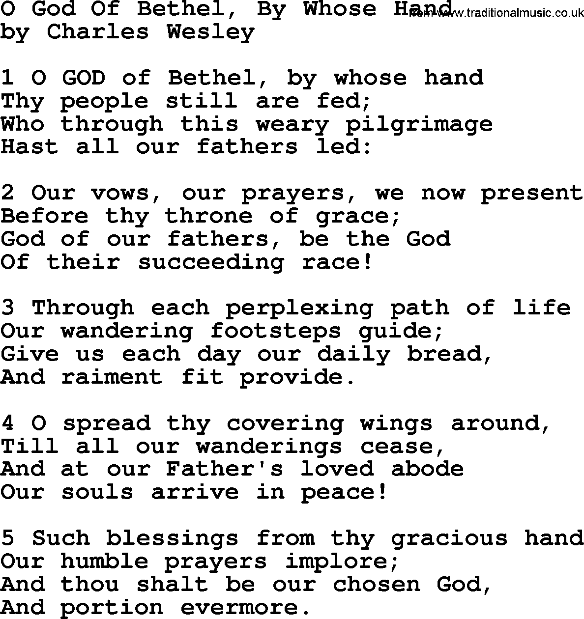 Charles Wesley hymn: O God Of Bethel, By Whose Hand, lyrics