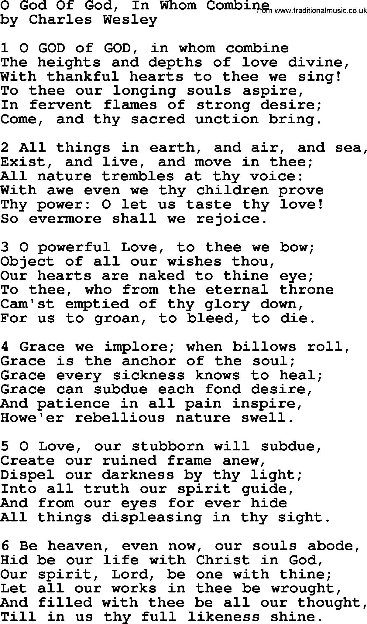 Charles Wesley hymn: O God Of God, In Whom Combine, lyrics