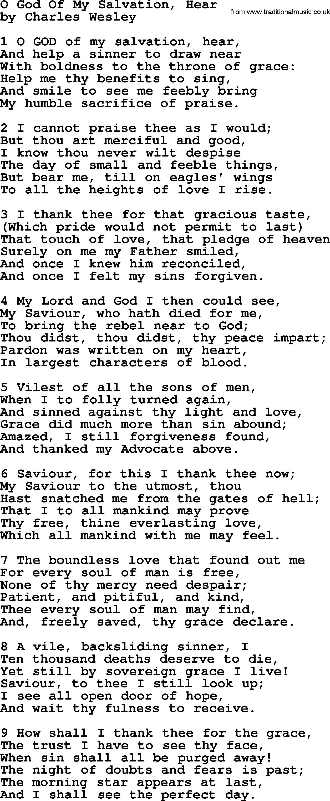 Charles Wesley hymn: O God Of My Salvation, Hear, lyrics