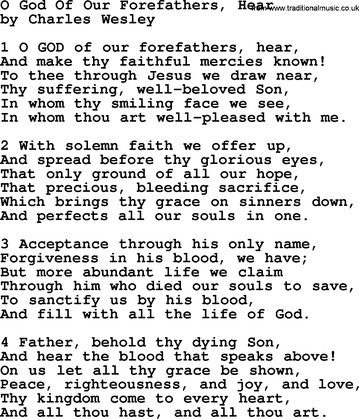 Charles Wesley hymn: O God Of Our Forefathers, Hear, lyrics