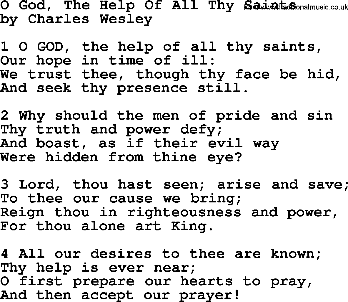 Charles Wesley hymn: O God, The Help Of All Thy Saints, lyrics