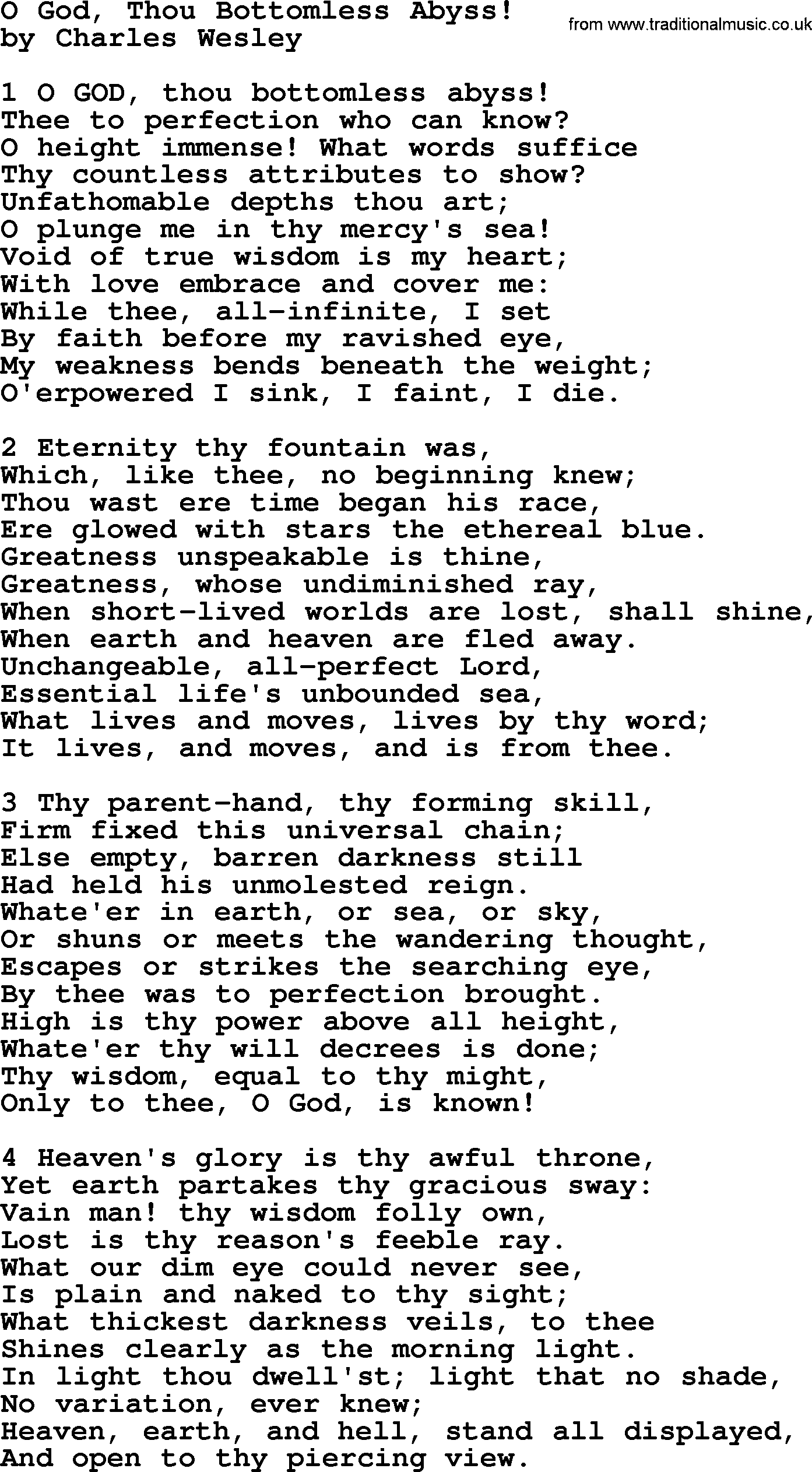 Charles Wesley hymn: O God, Thou Bottomless Abyss!, lyrics