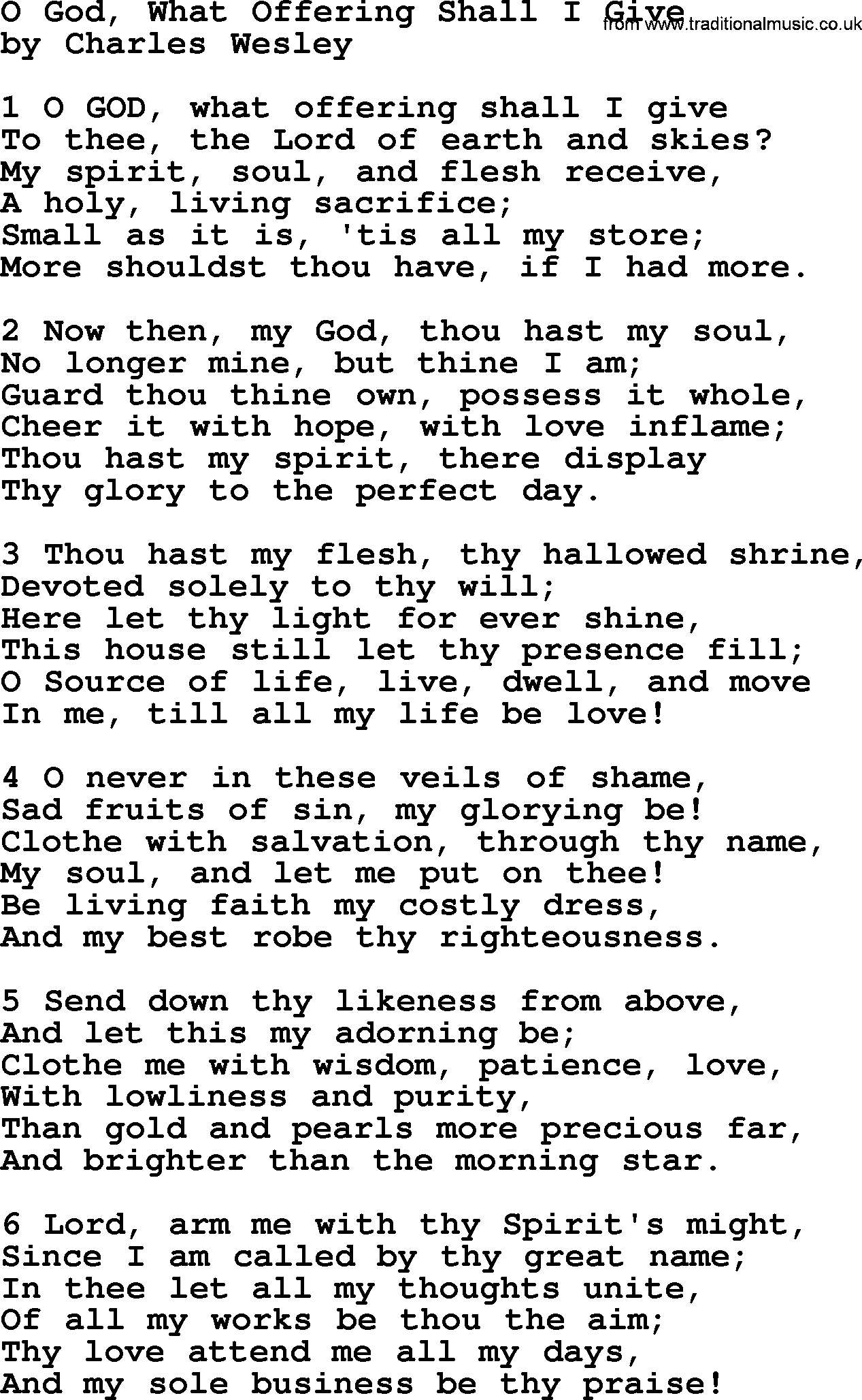 Charles Wesley hymn: O God, What Offering Shall I Give, lyrics