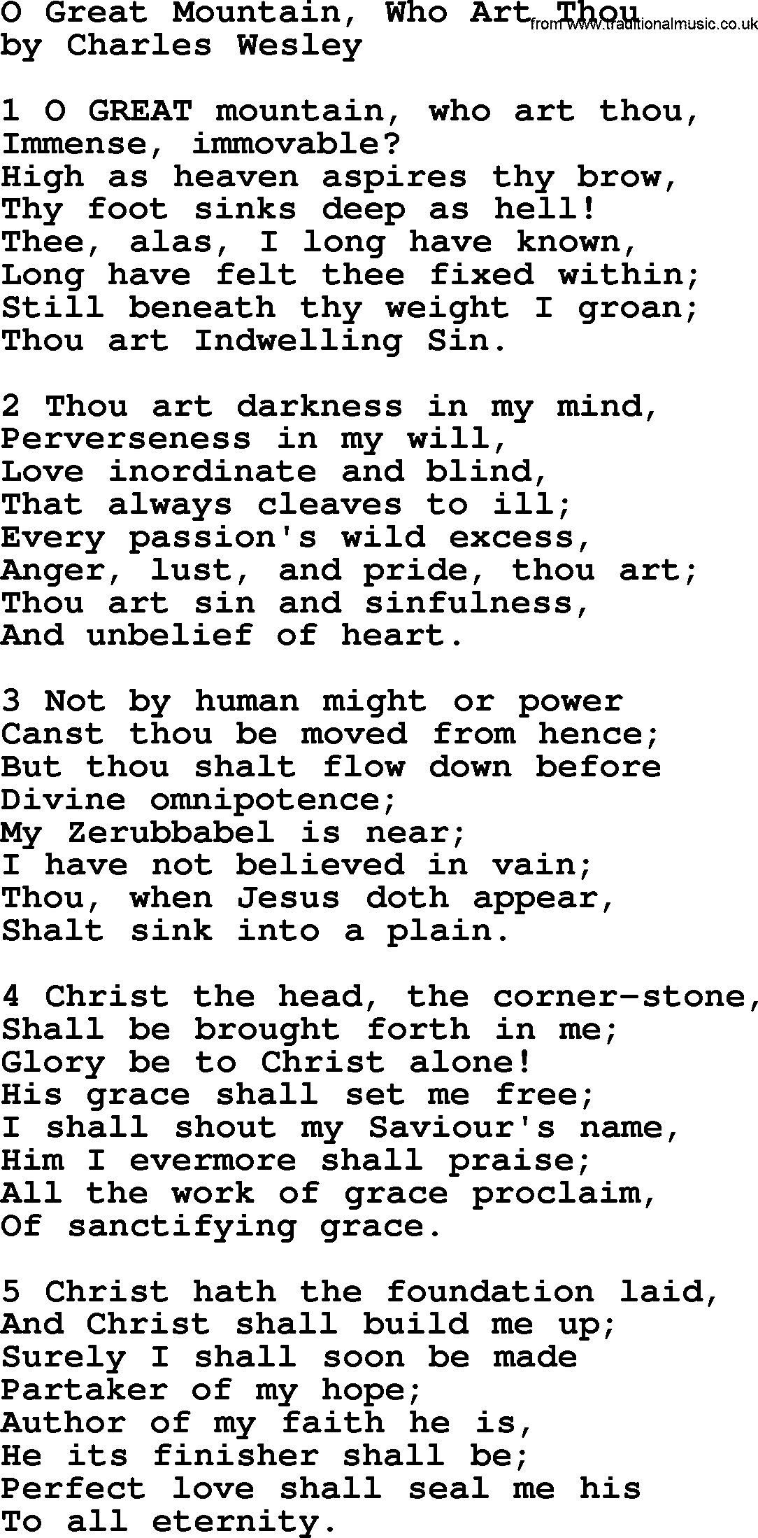 Charles Wesley hymn: O Great Mountain, Who Art Thou, lyrics