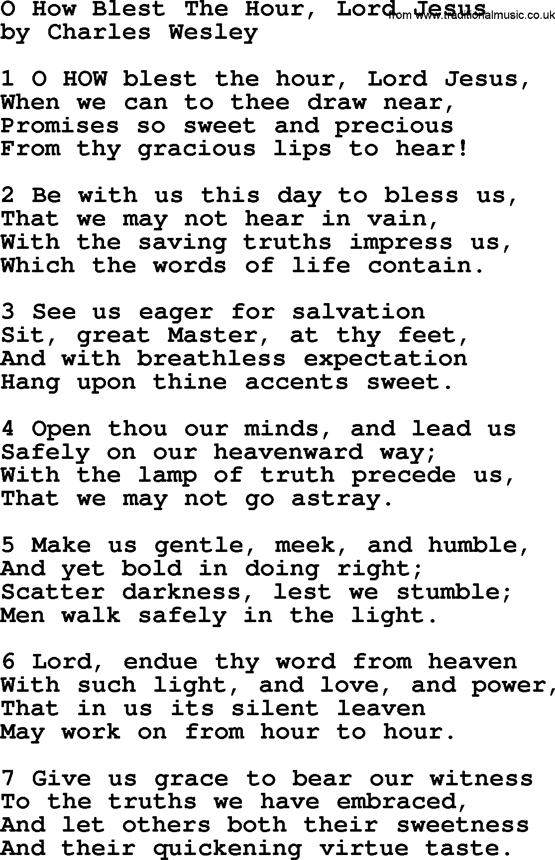 Charles Wesley hymn: O How Blest The Hour, Lord Jesus, lyrics