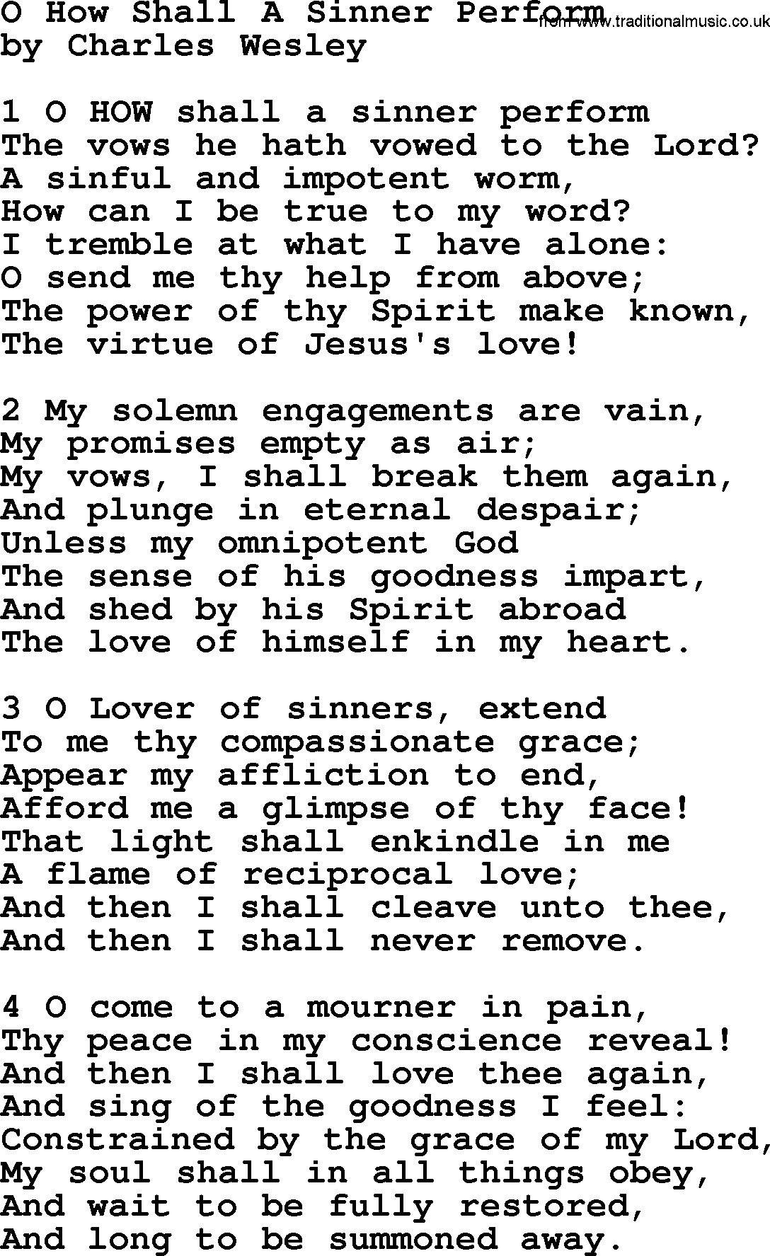 Charles Wesley hymn: O How Shall A Sinner Perform, lyrics