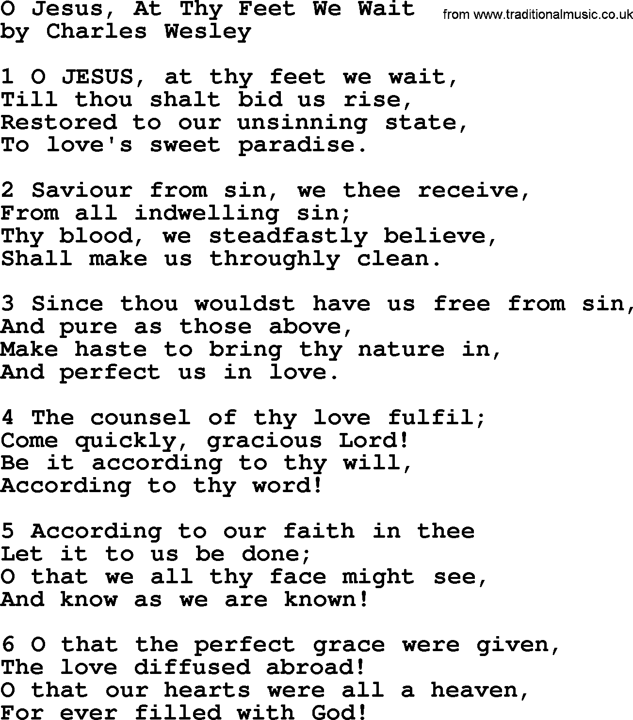 Charles Wesley hymn: O Jesus, At Thy Feet We Wait, lyrics