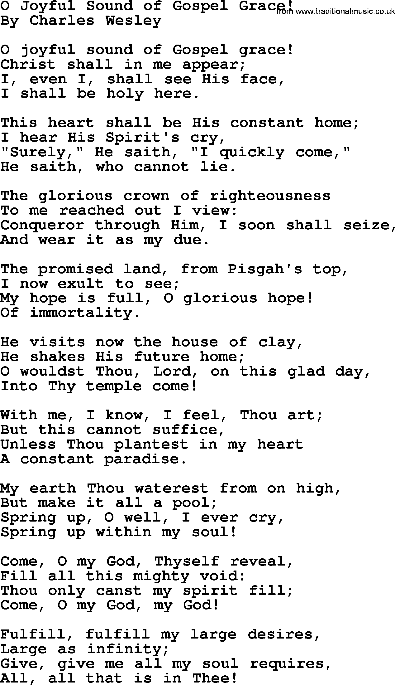 Charles Wesley hymn: O Joyful Sound Of Gospel Grace!, lyrics