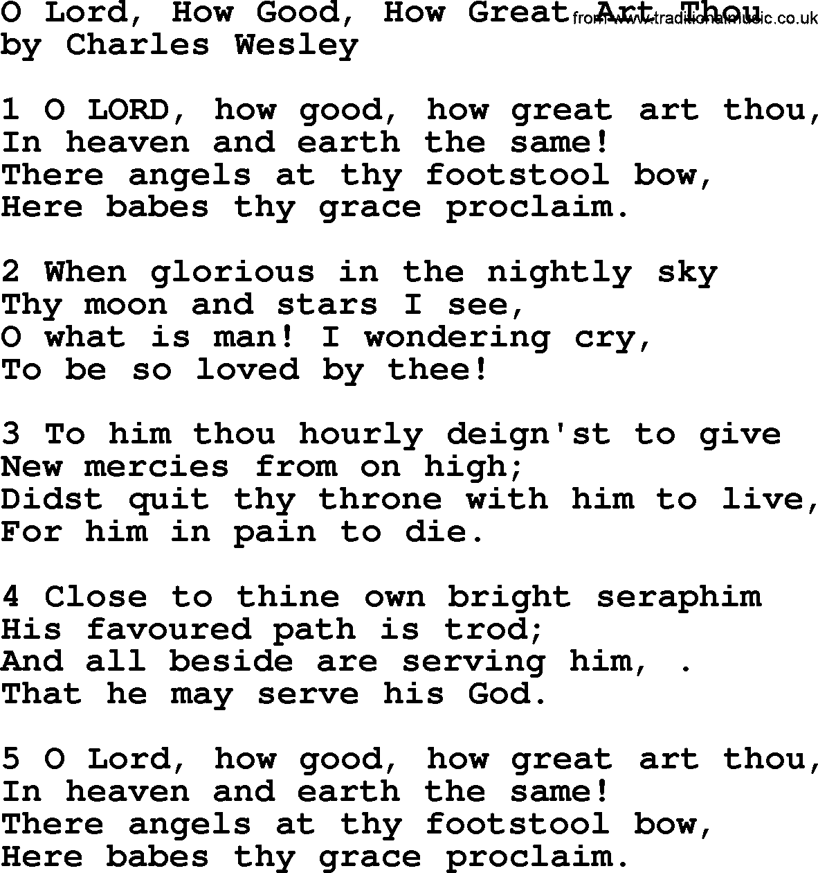 Charles Wesley hymn: O Lord, How Good, How Great Art Thou, lyrics