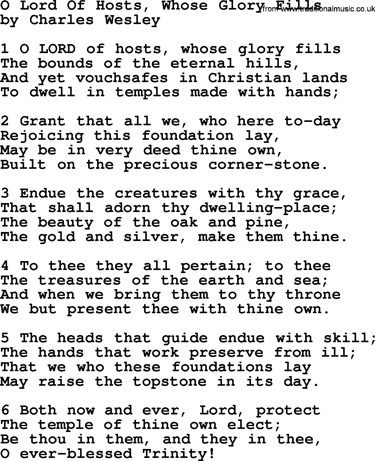 Charles Wesley hymn: O Lord Of Hosts, Whose Glory Fills, lyrics