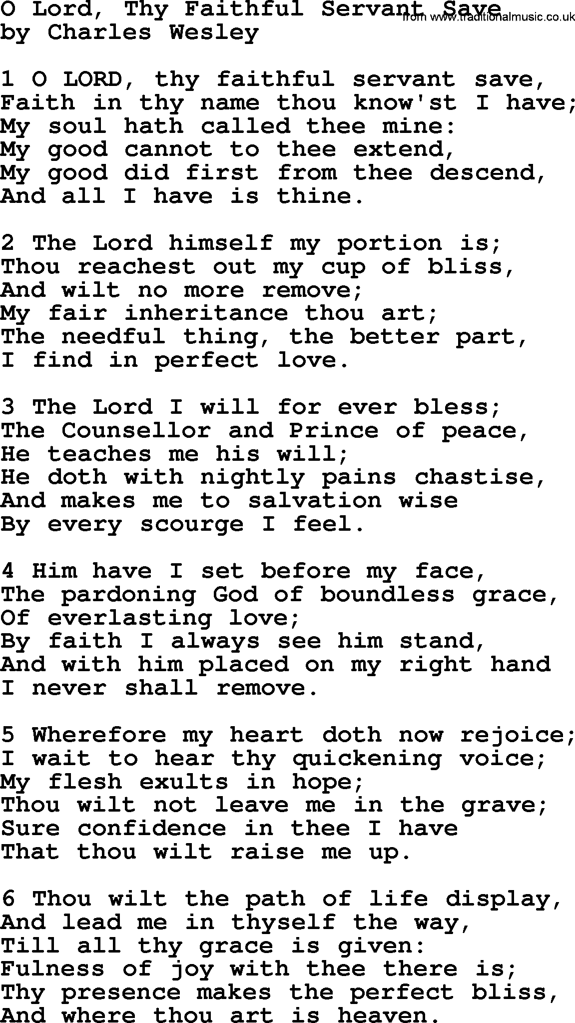 Charles Wesley hymn: O Lord, Thy Faithful Servant Save, lyrics