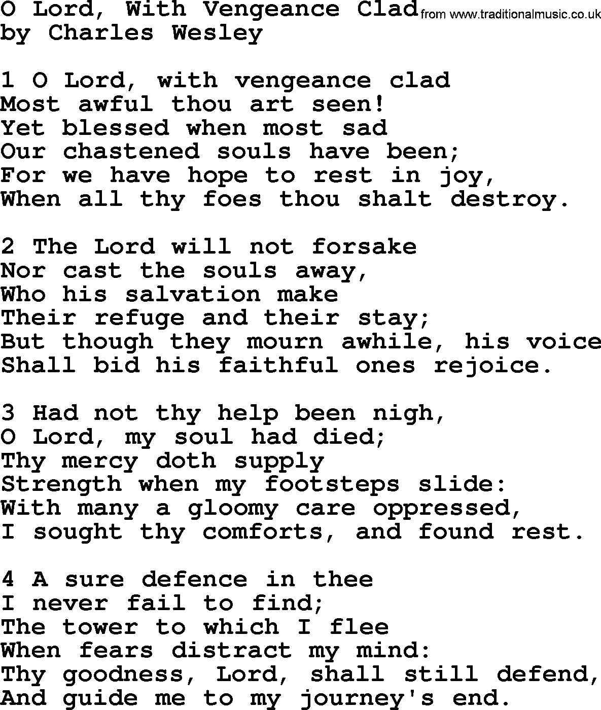 Charles Wesley hymn: O Lord, With Vengeance Clad, lyrics