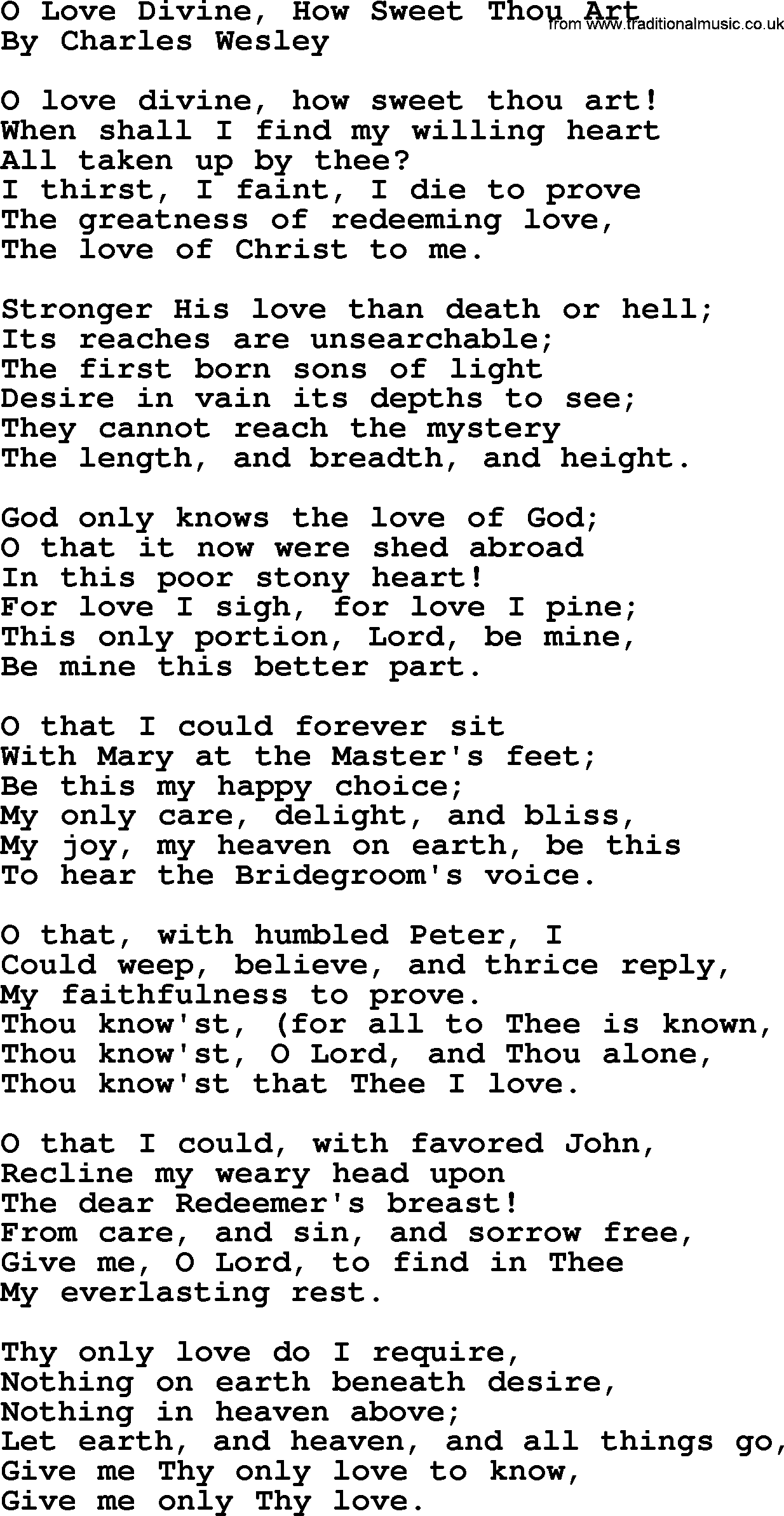 Charles Wesley hymn: O Love Divine, How Sweet Thou Art, lyrics
