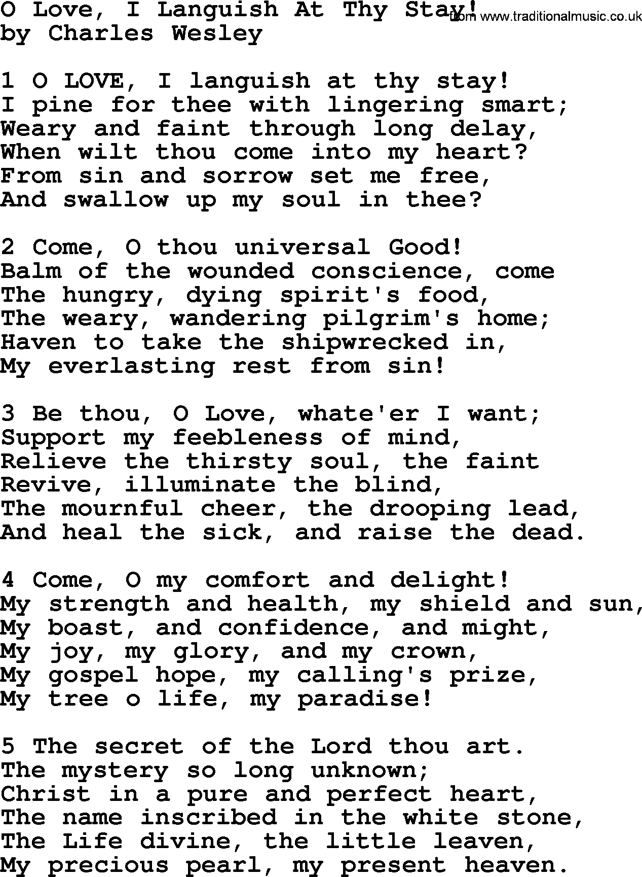 Charles Wesley hymn: O Love, I Languish At Thy Stay!, lyrics