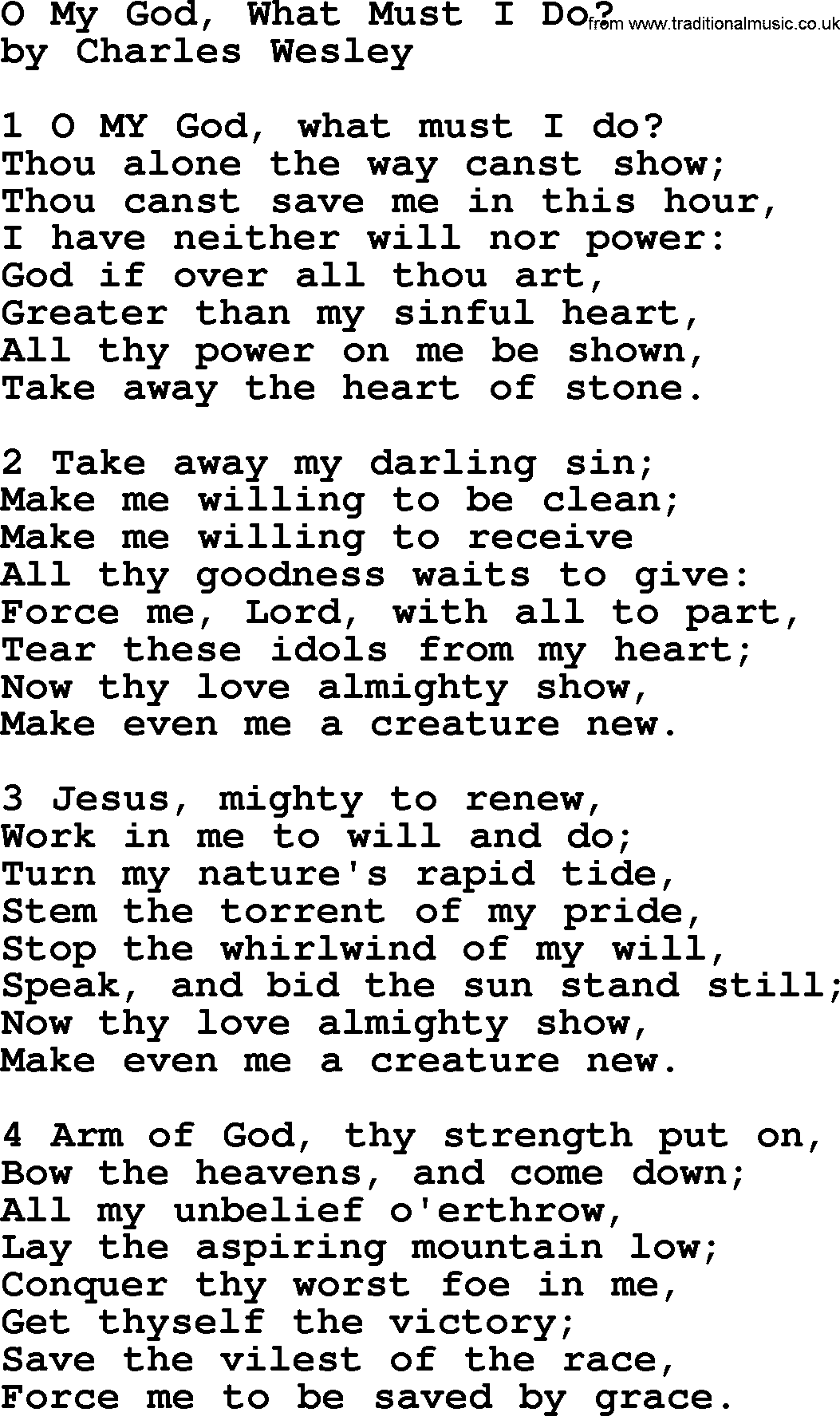Charles Wesley hymn: O My God, What Must I Do_, lyrics