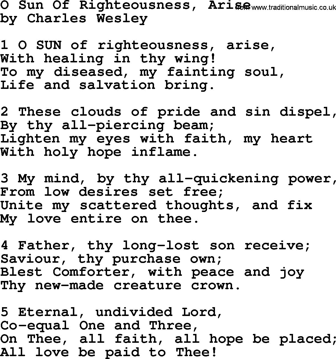 Charles Wesley hymn: O Sun Of Righteousness, Arise, lyrics