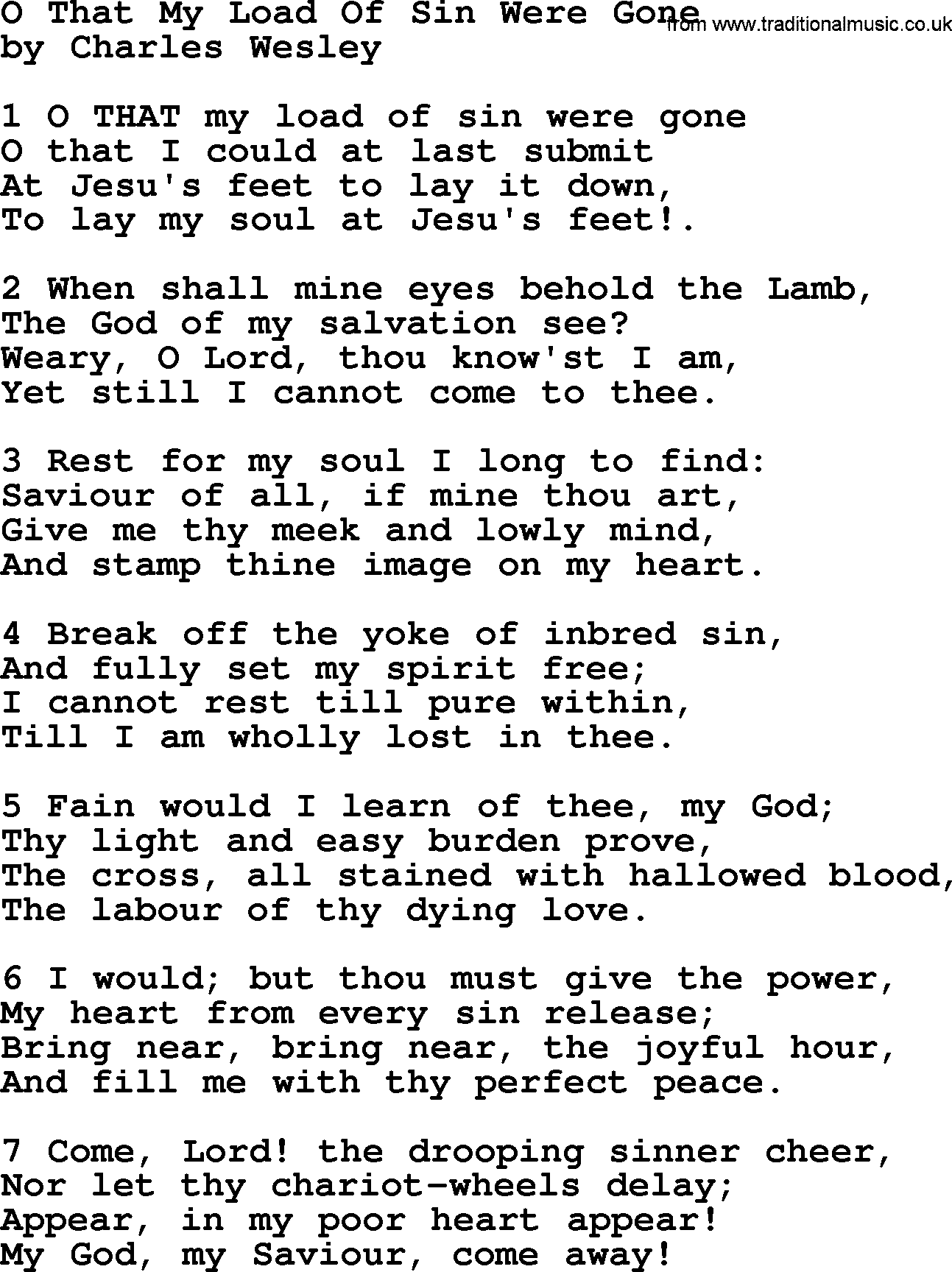 Charles Wesley hymn: O That My Load Of Sin Were Gone, lyrics