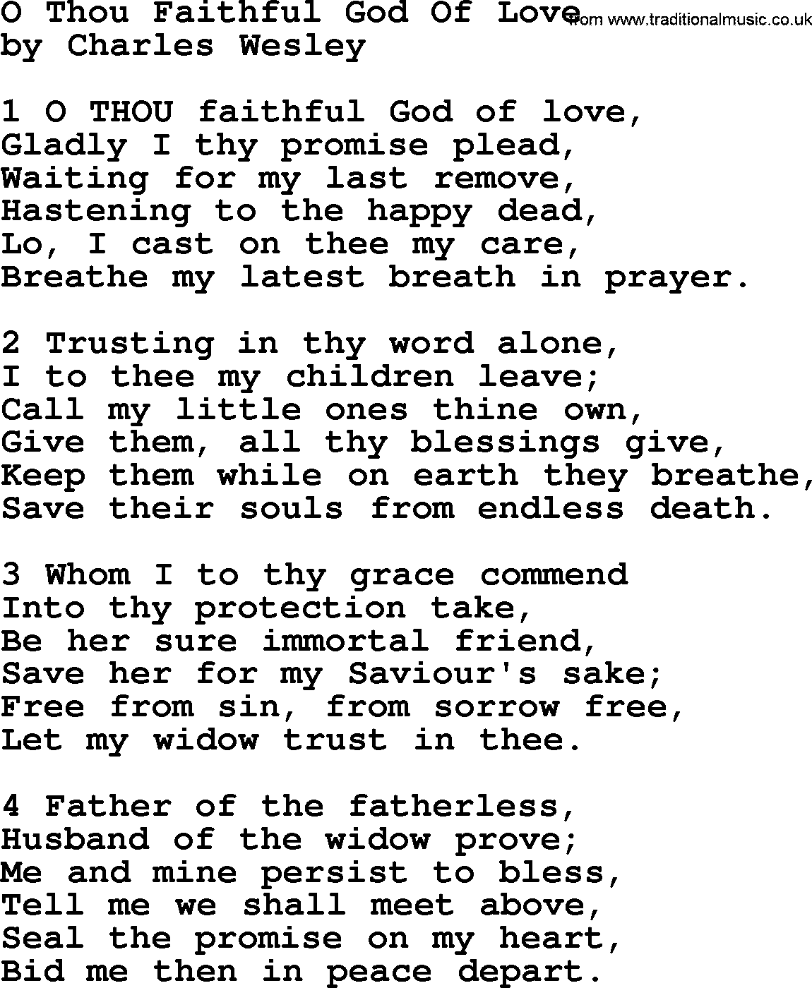 Charles Wesley hymn: O Thou Faithful God Of Love, lyrics