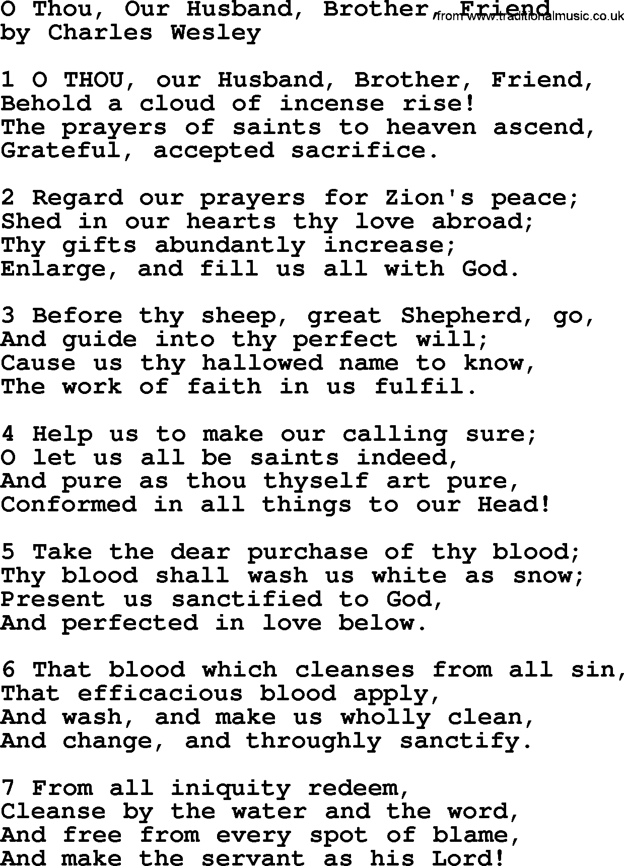 Charles Wesley hymn: O Thou, Our Husband, Brother, Friend, lyrics