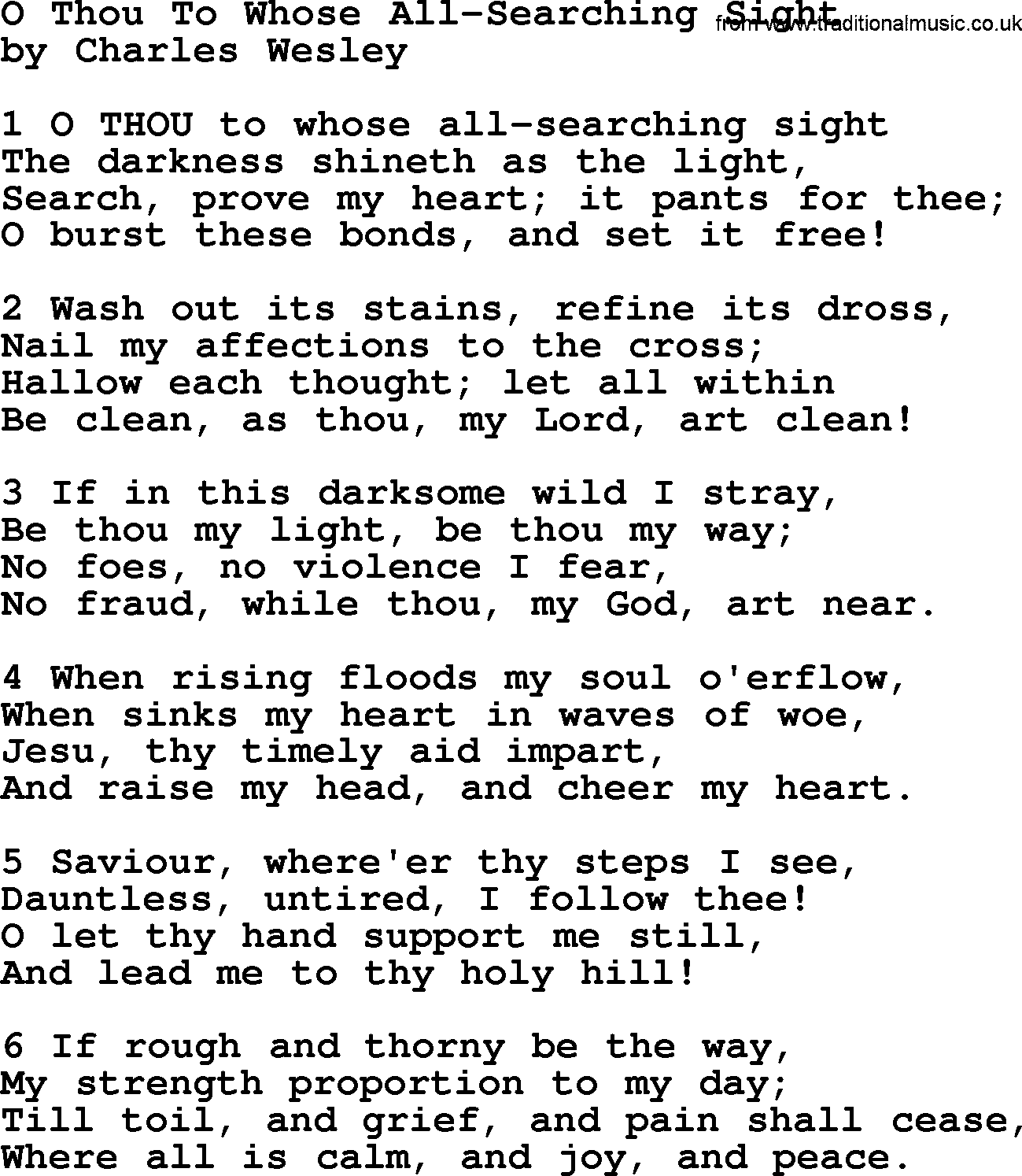Charles Wesley hymn: O Thou To Whose All-Searching Sight, lyrics