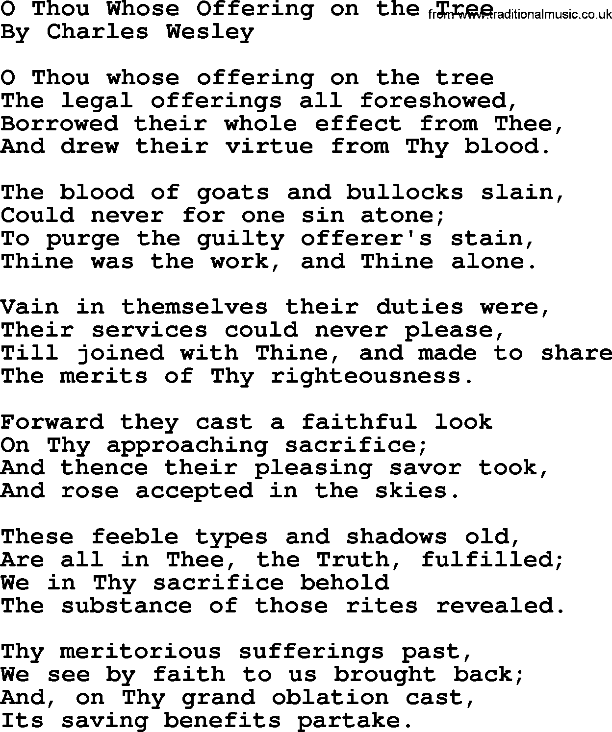 Charles Wesley hymn: O Thou Whose Offering on the Tree, lyrics