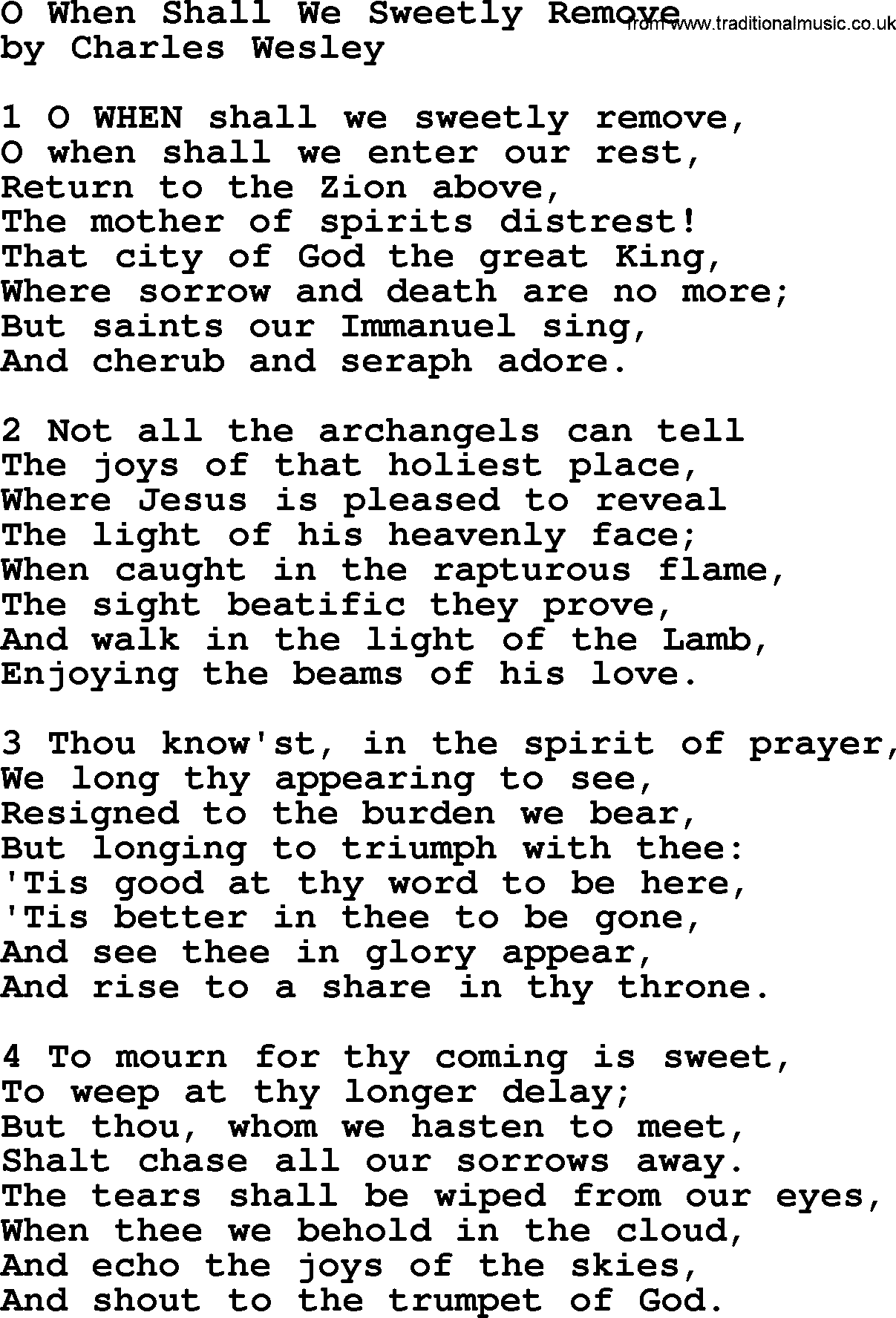 Charles Wesley hymn: O When Shall We Sweetly Remove, lyrics