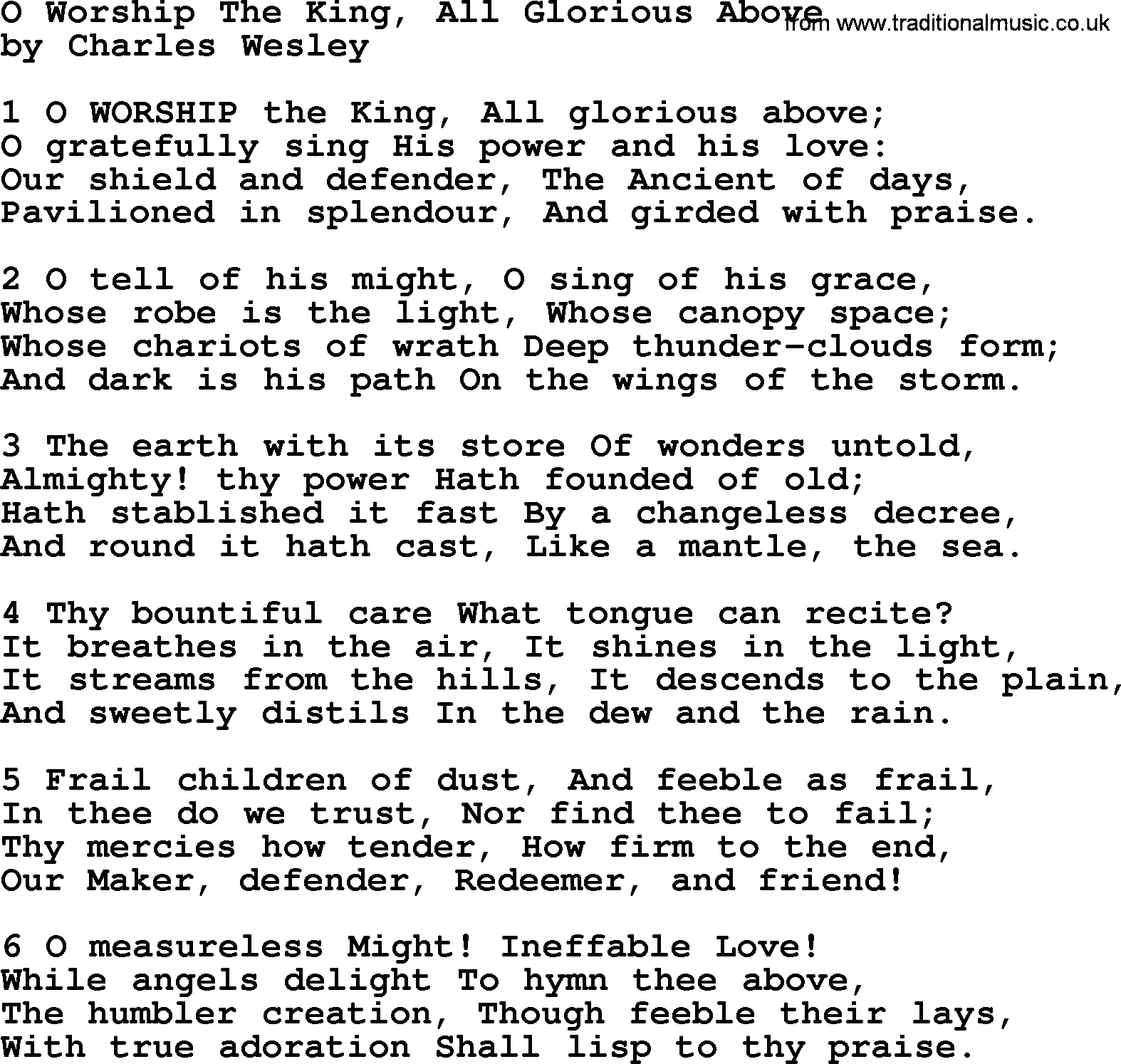 Charles Wesley hymn: O Worship The King, All Glorious Above, lyrics