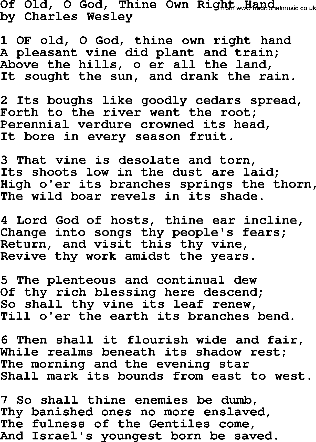 Charles Wesley hymn: Of Old, O God, Thine Own Right Hand, lyrics
