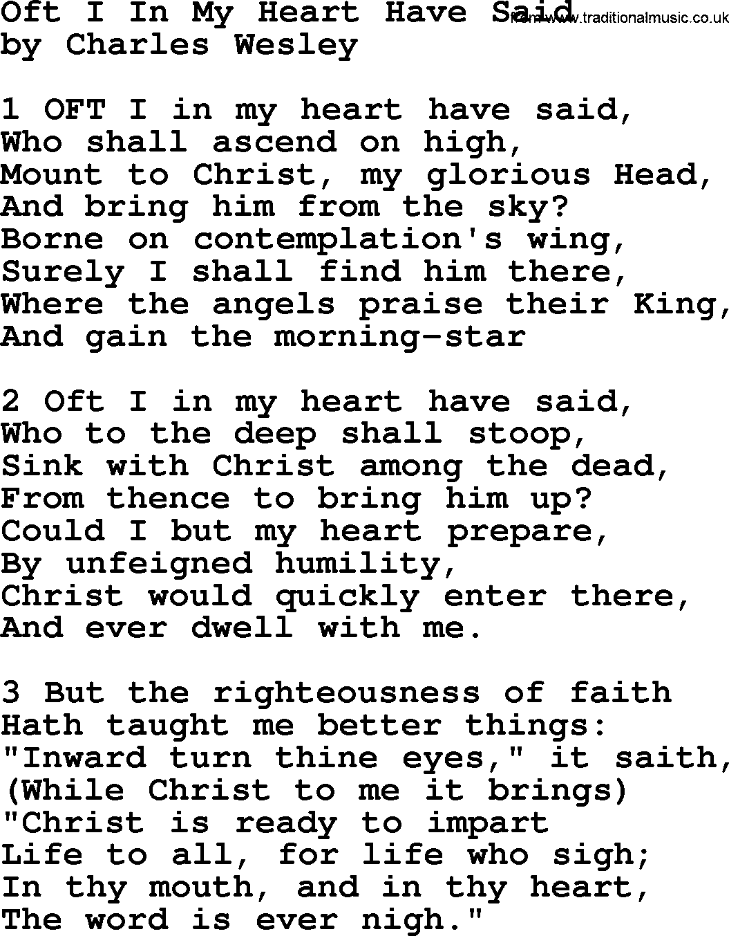 Charles Wesley hymn: Oft I In My Heart Have Said, lyrics