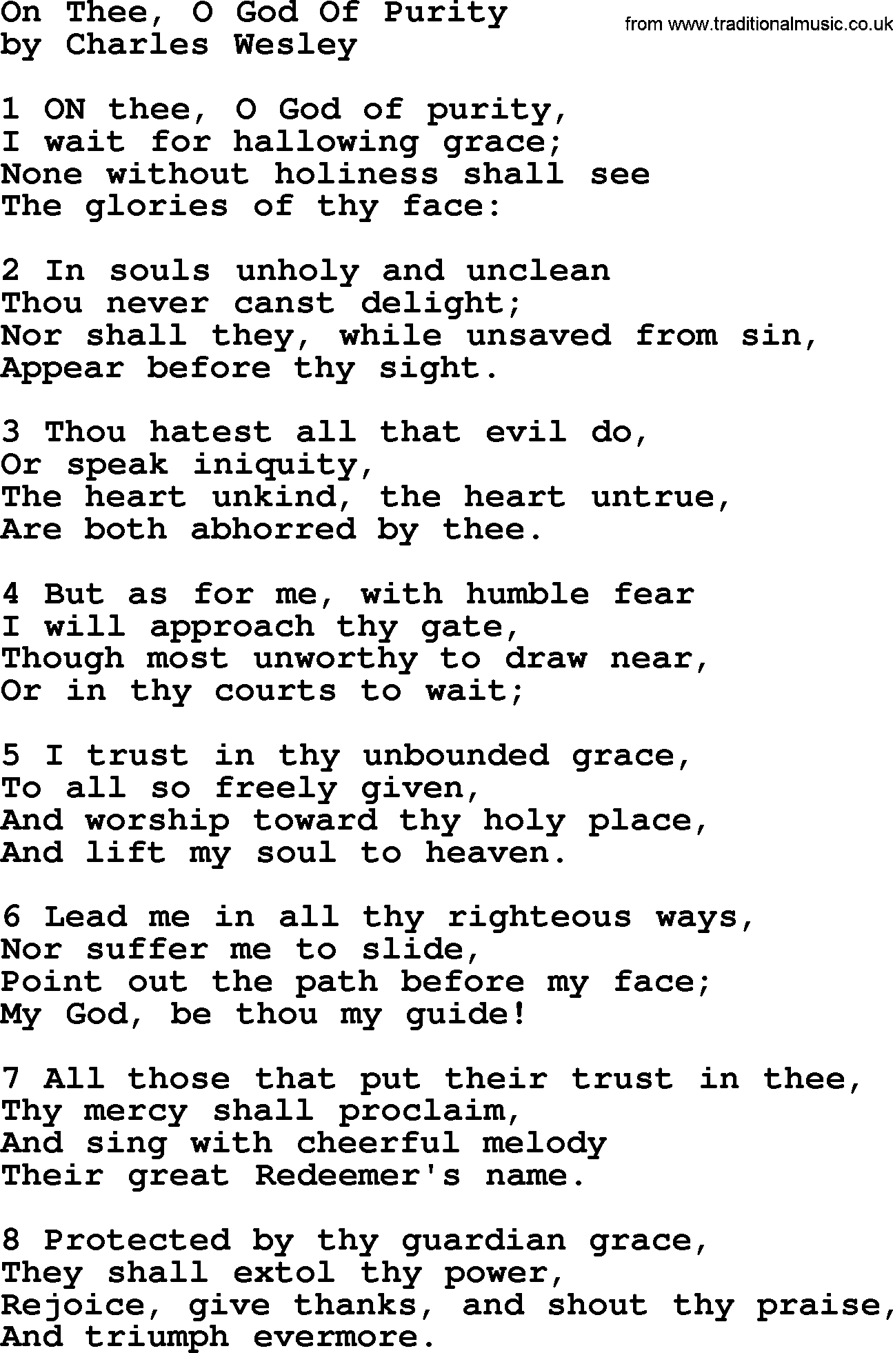 Charles Wesley hymn: On Thee, O God Of Purity, lyrics