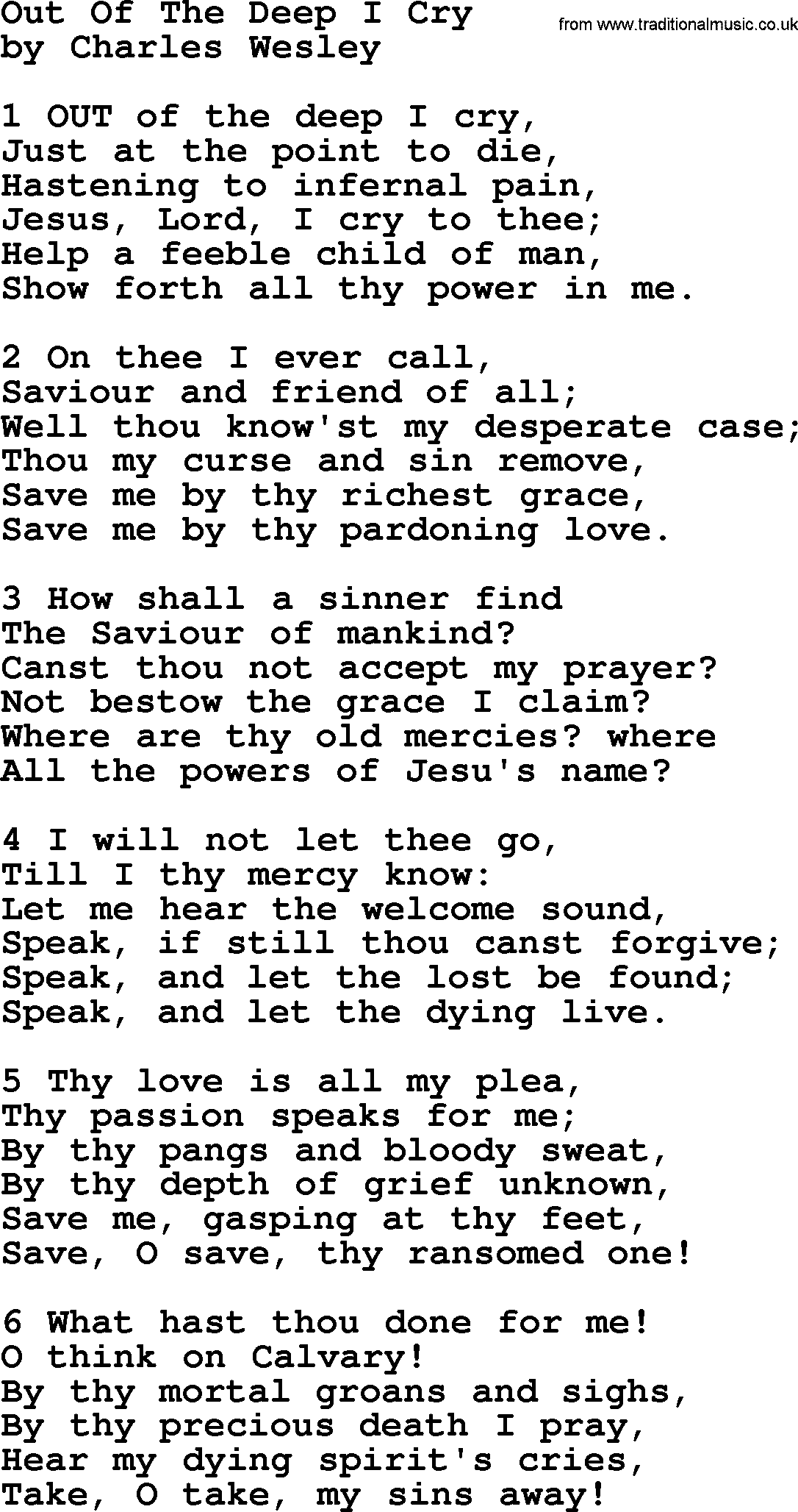 Charles Wesley hymn: Out Of The Deep I Cry, lyrics