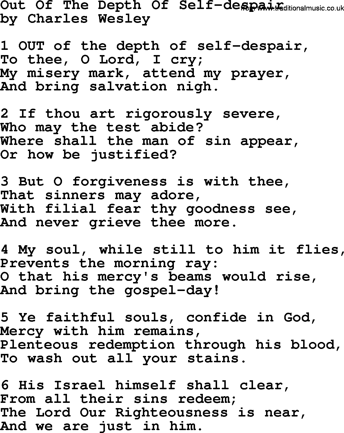 Charles Wesley hymn: Out Of The Depth Of Self-despair, lyrics