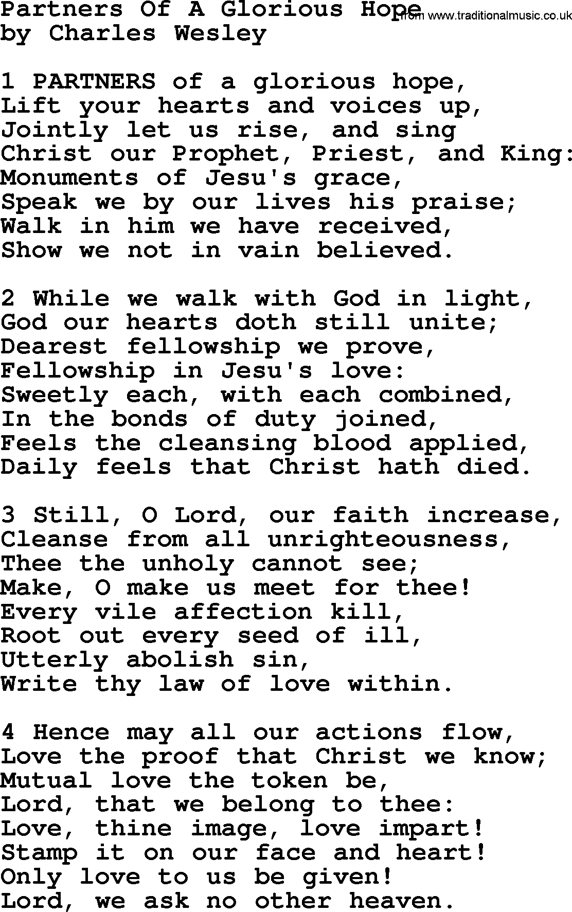 Charles Wesley hymn: Partners Of A Glorious Hope, lyrics