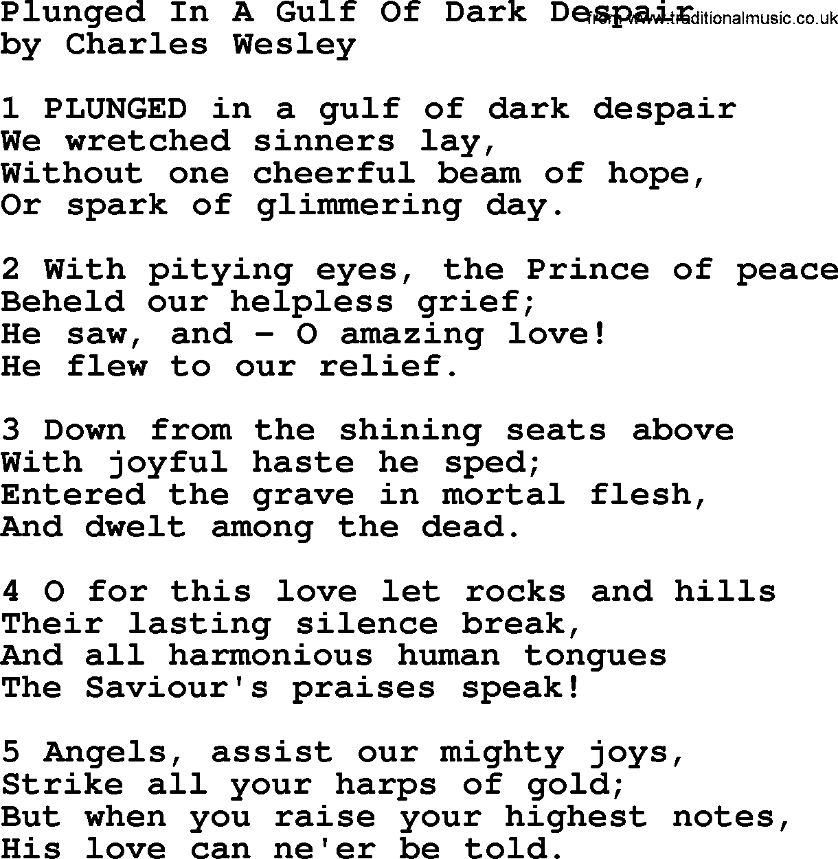 Charles Wesley hymn: Plunged In A Gulf Of Dark Despair, lyrics