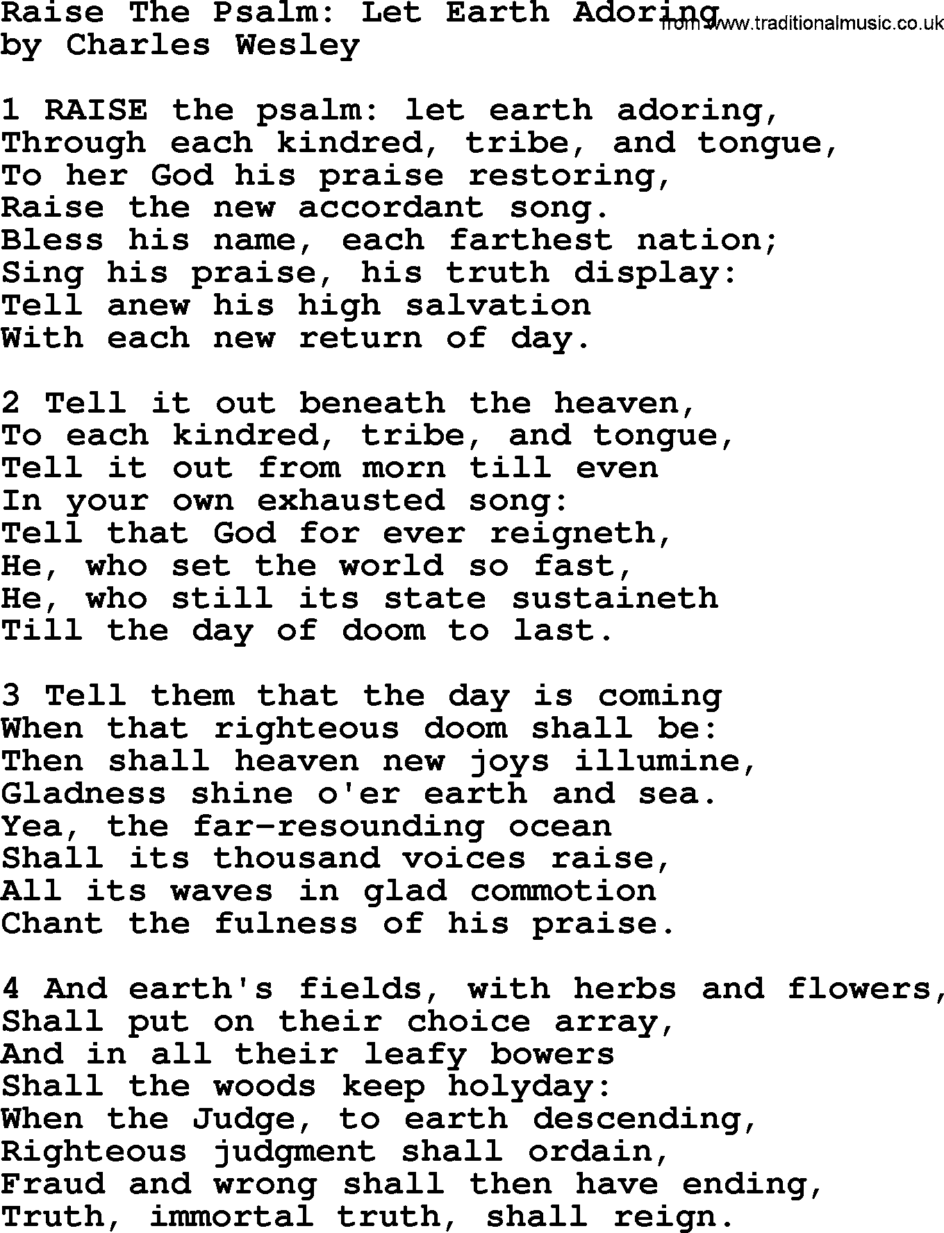 Charles Wesley hymn: Raise The Psalm_ Let Earth Adoring, lyrics