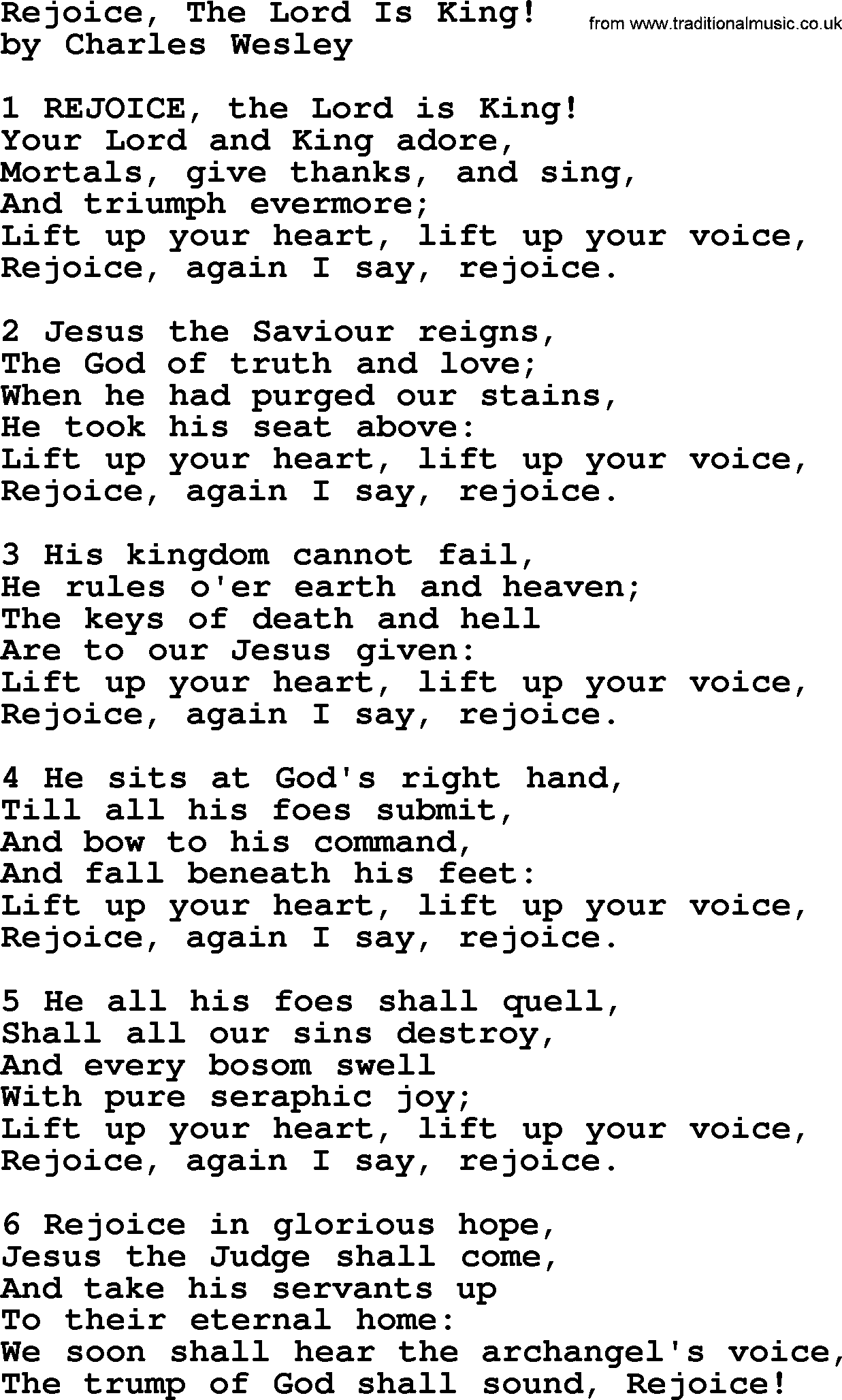 Charles Wesley hymn: Rejoice, The Lord Is King!, lyrics