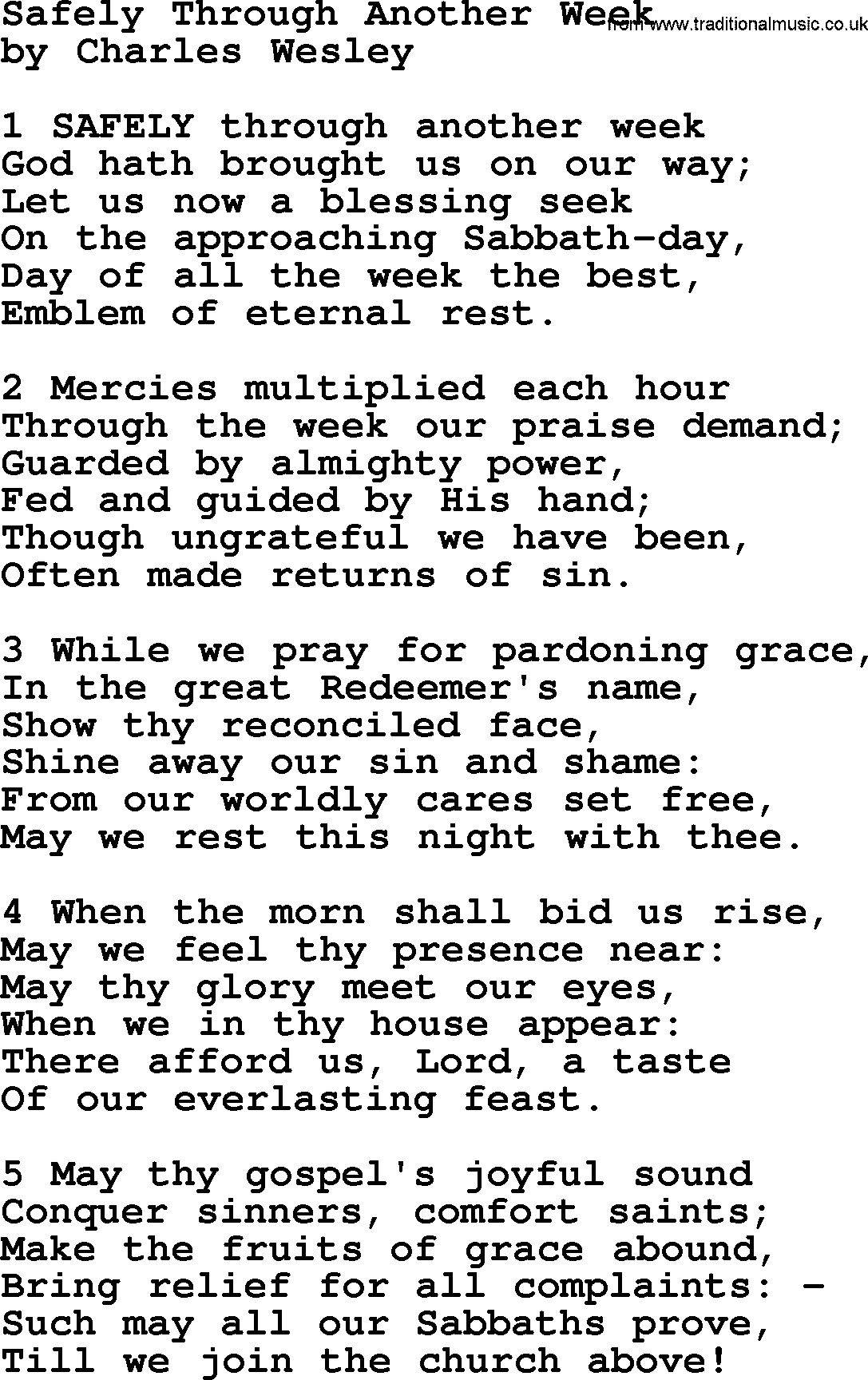 Charles Wesley hymn: Safely Through Another Week, lyrics