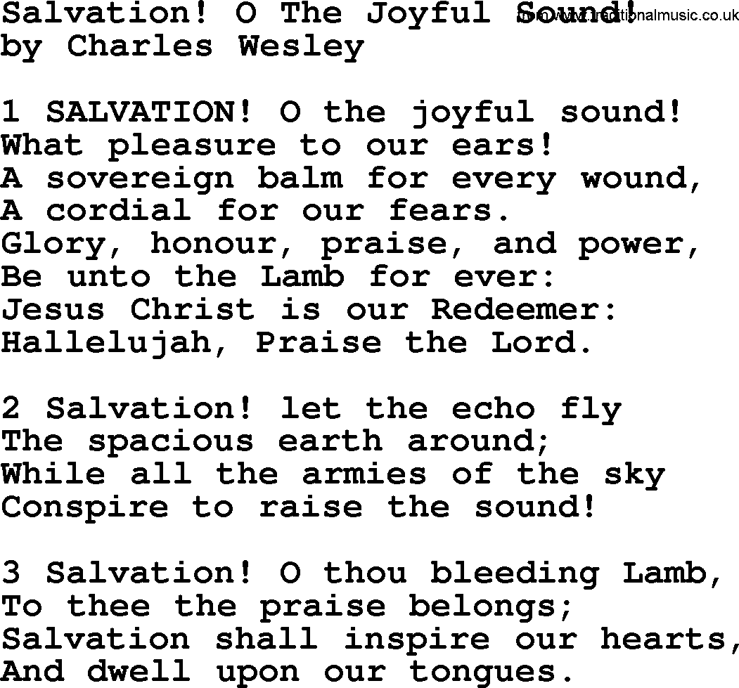 Charles Wesley hymn: Salvation! O The Joyful Sound!, lyrics