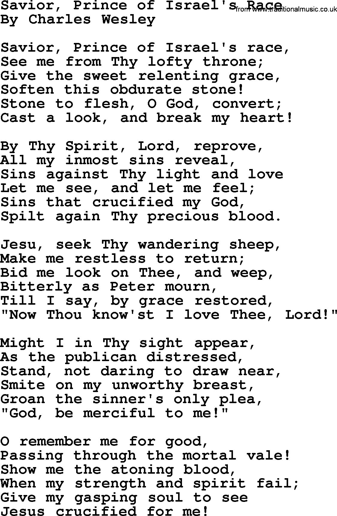 Charles Wesley hymn: Savior, Prince of Israel's Race, lyrics