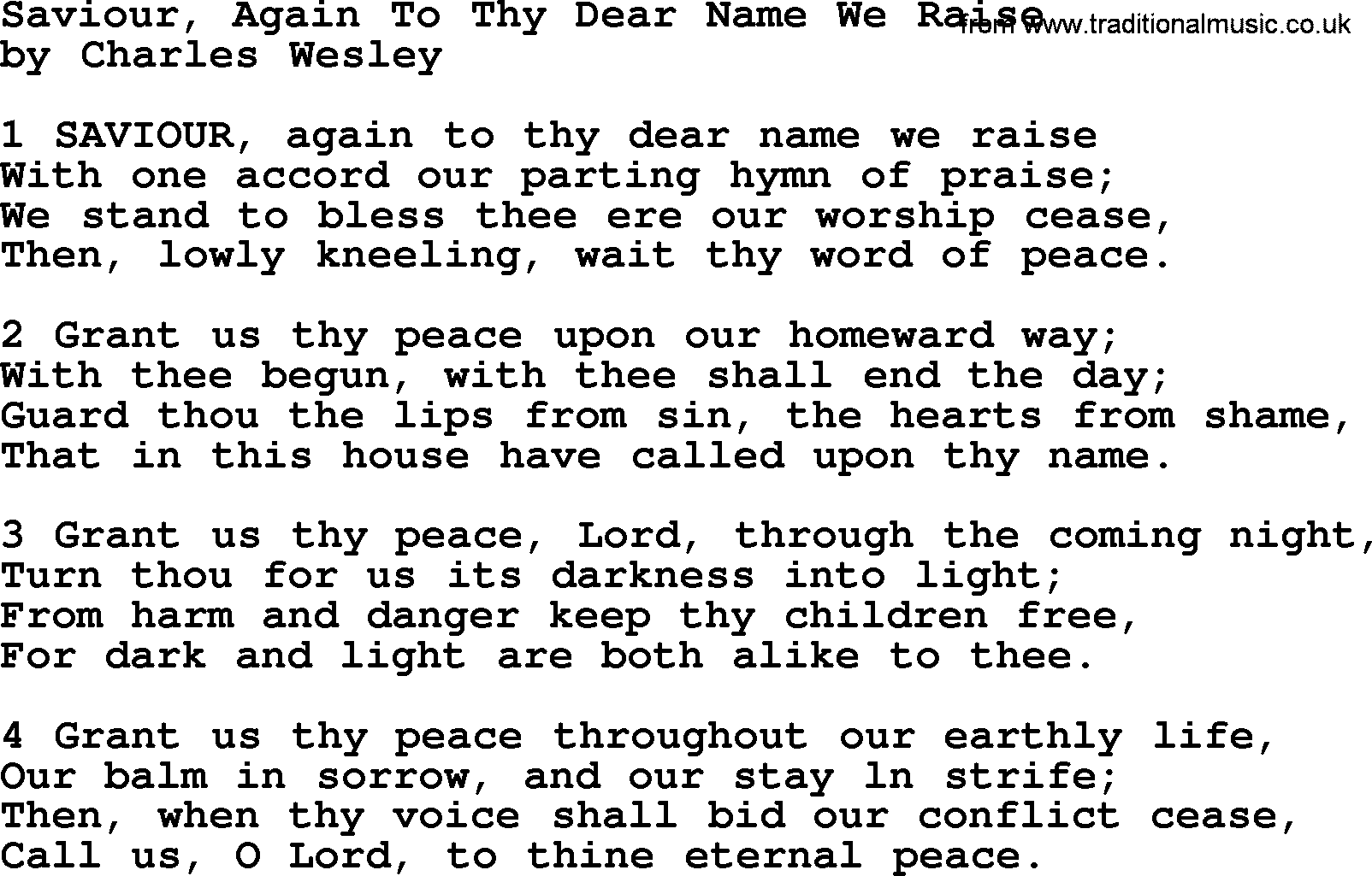 Charles Wesley hymn: Saviour, Again To Thy Dear Name We Raise, lyrics