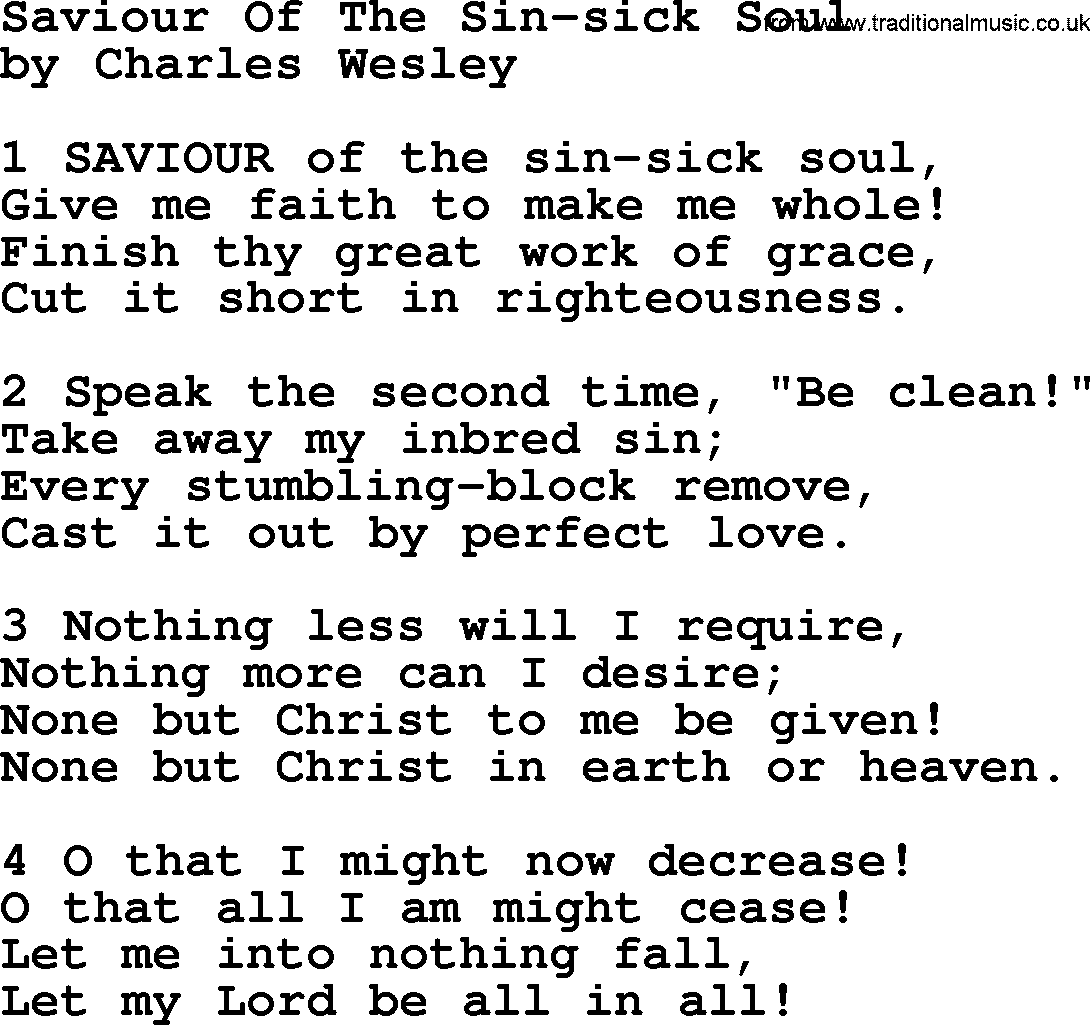 Charles Wesley hymn: Saviour Of The Sin-sick Soul, lyrics