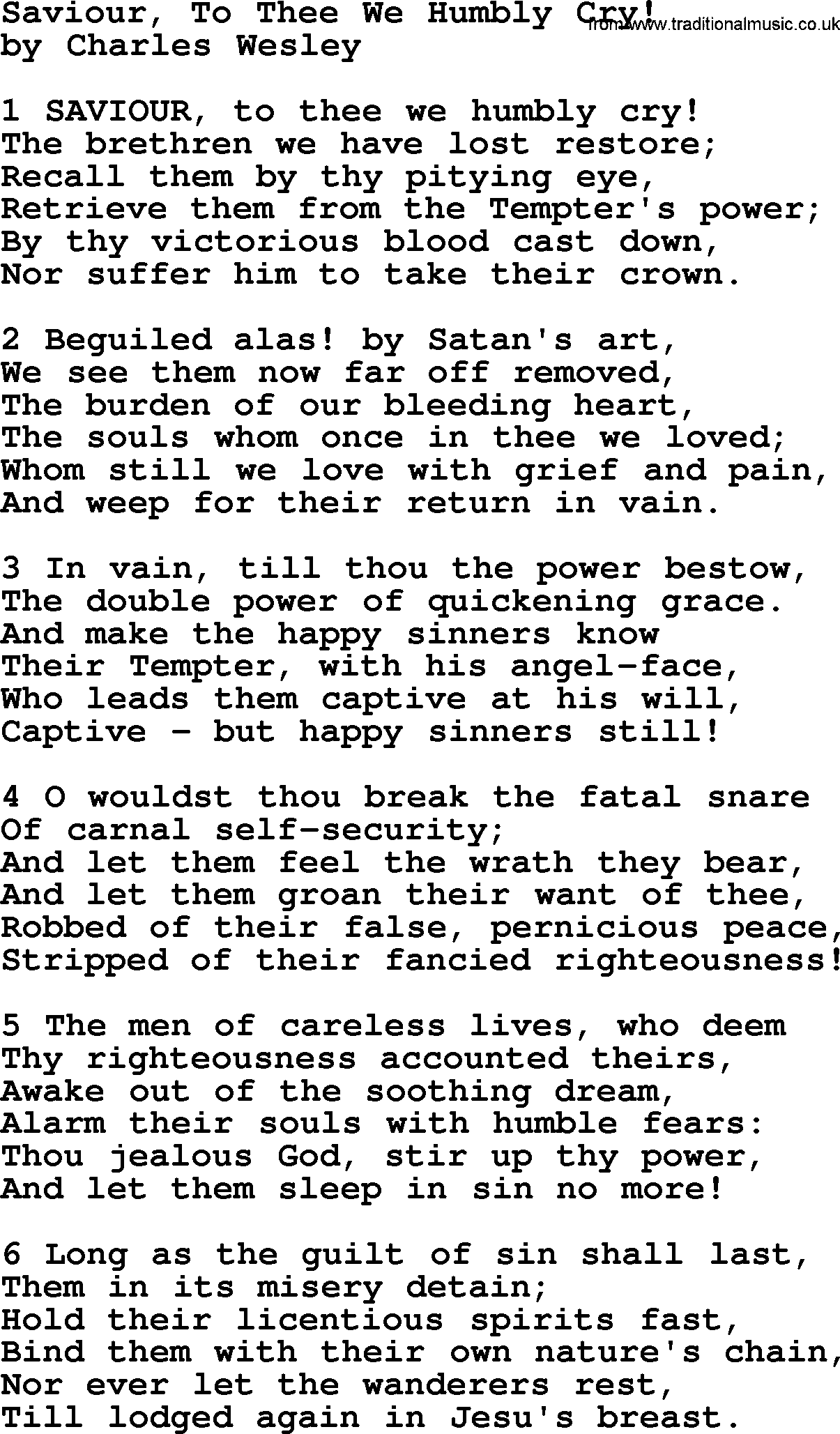 Charles Wesley hymn: Saviour, To Thee We Humbly Cry!, lyrics