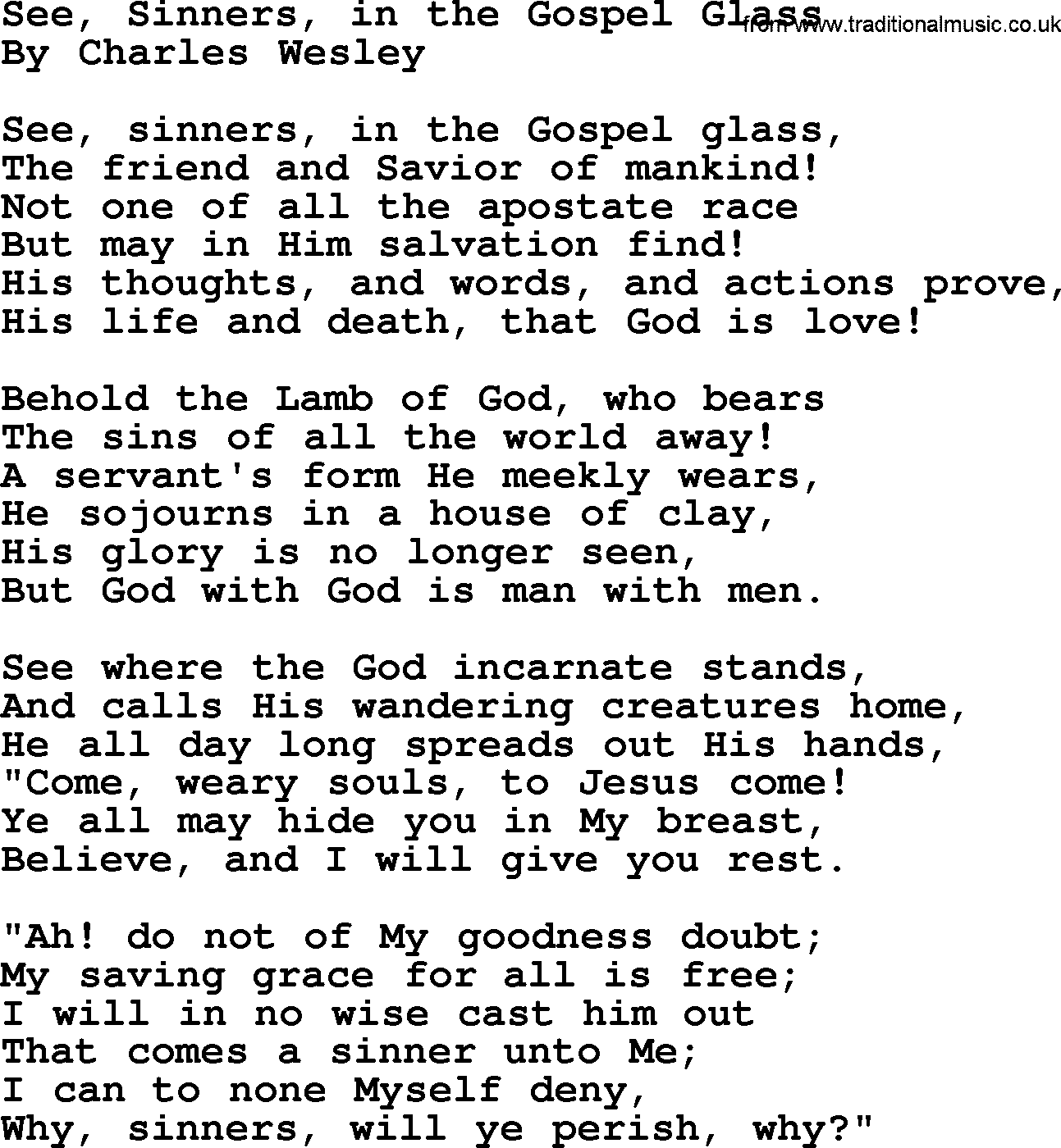 Charles Wesley hymn: See, Sinners, In The Gospel Glass, lyrics