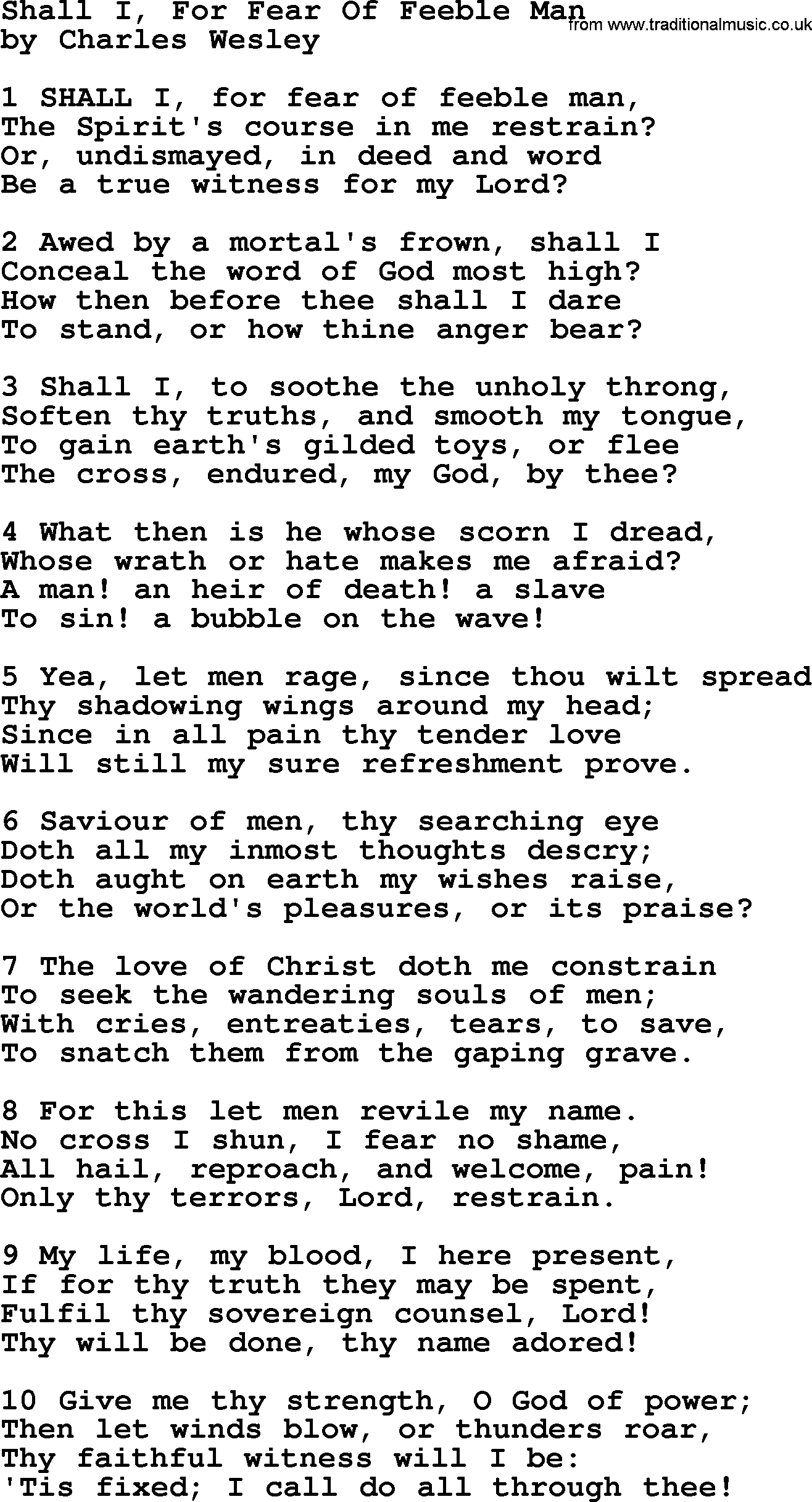 Charles Wesley hymn: Shall I, For Fear Of Feeble Man, lyrics